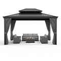 GAOMON Heavy Duty Aluminum Hardtop Gazebo with Double Metal Roof – Mosquito Netting & Privacy Curtains – Permanent Outdoor Pavilion for Patio, Garden, Deck, Backyard – Black Spray, Gray Cloth, 12x18FT