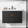 IDEALHOUSE 30 Inch Floating Fluted Bathroom Vanity with Ceramic Sink, Wall Mounted Modern Vanity Cabinet with 2 Soft-Close Drawers & Gold Handles, Easy to Assemble Black