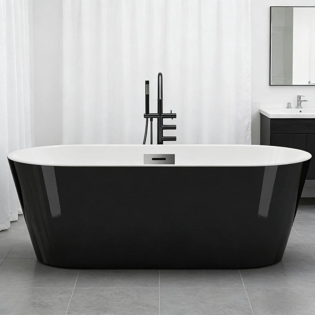 67'' Freestanding Bathtub, Deep Soaking Tub with Non-Slip Base, Acrylic, cUPC Certified Free Standing Tub, Chrome Drain Bath Tub, Modern Tub for Bathrooms, Black