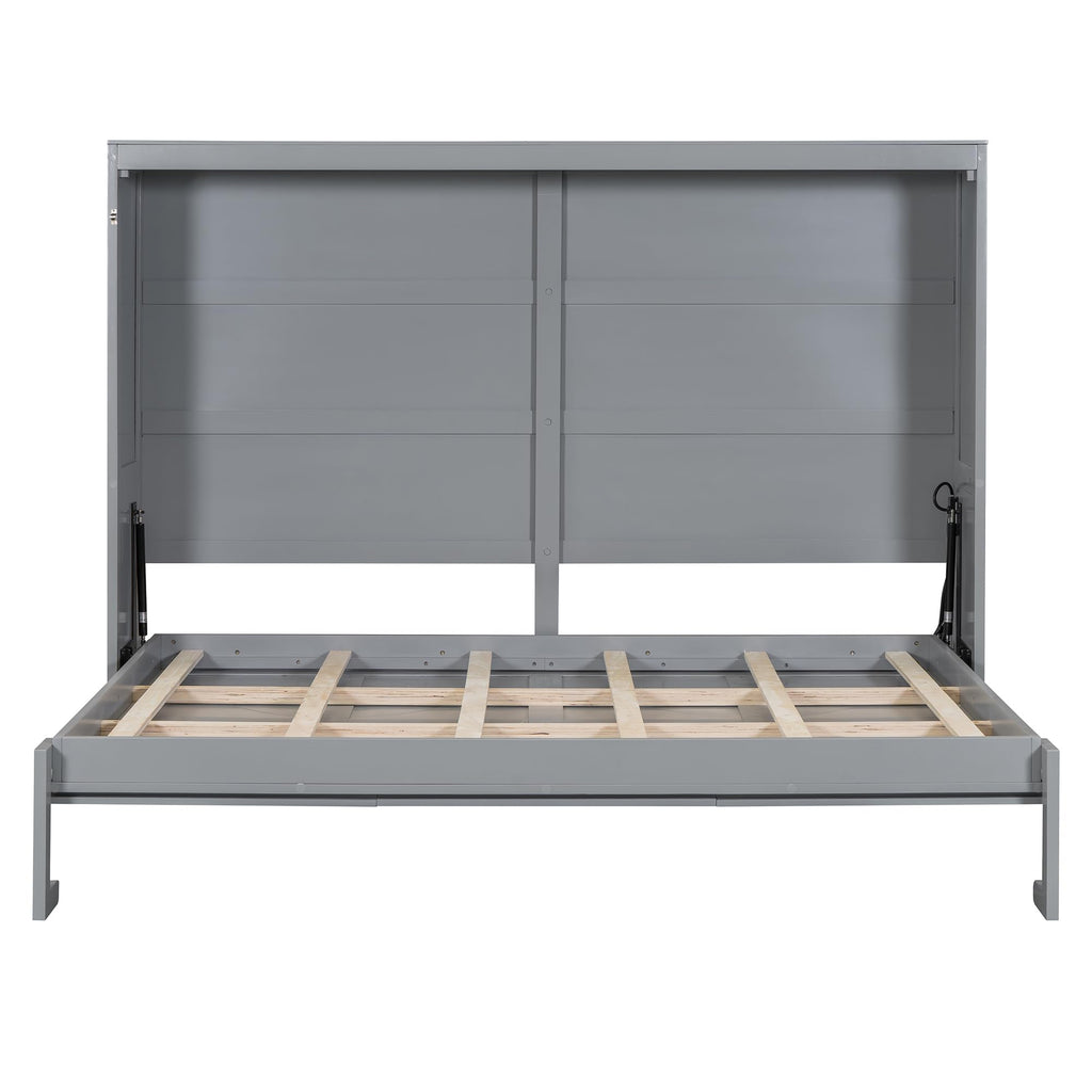 Ball & Cast Full Size Wall Cabinets Murphy Bed with Charging Station and Slat Support,Wood Hideaway Cabinet Platform Beds w/Leg & Lock,can be Folded,Space-Saving,for Small Room,Dorms,Gray