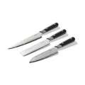 Made In Cookware | 3-piece Japanese Damascus Steel Knife Set (Includes Gyuto, Nakiri and Santoku) | 66 Layers of Damascus Steel with a VG-10 Core | Crafted in Japan | Full Tang With Black POM Handle