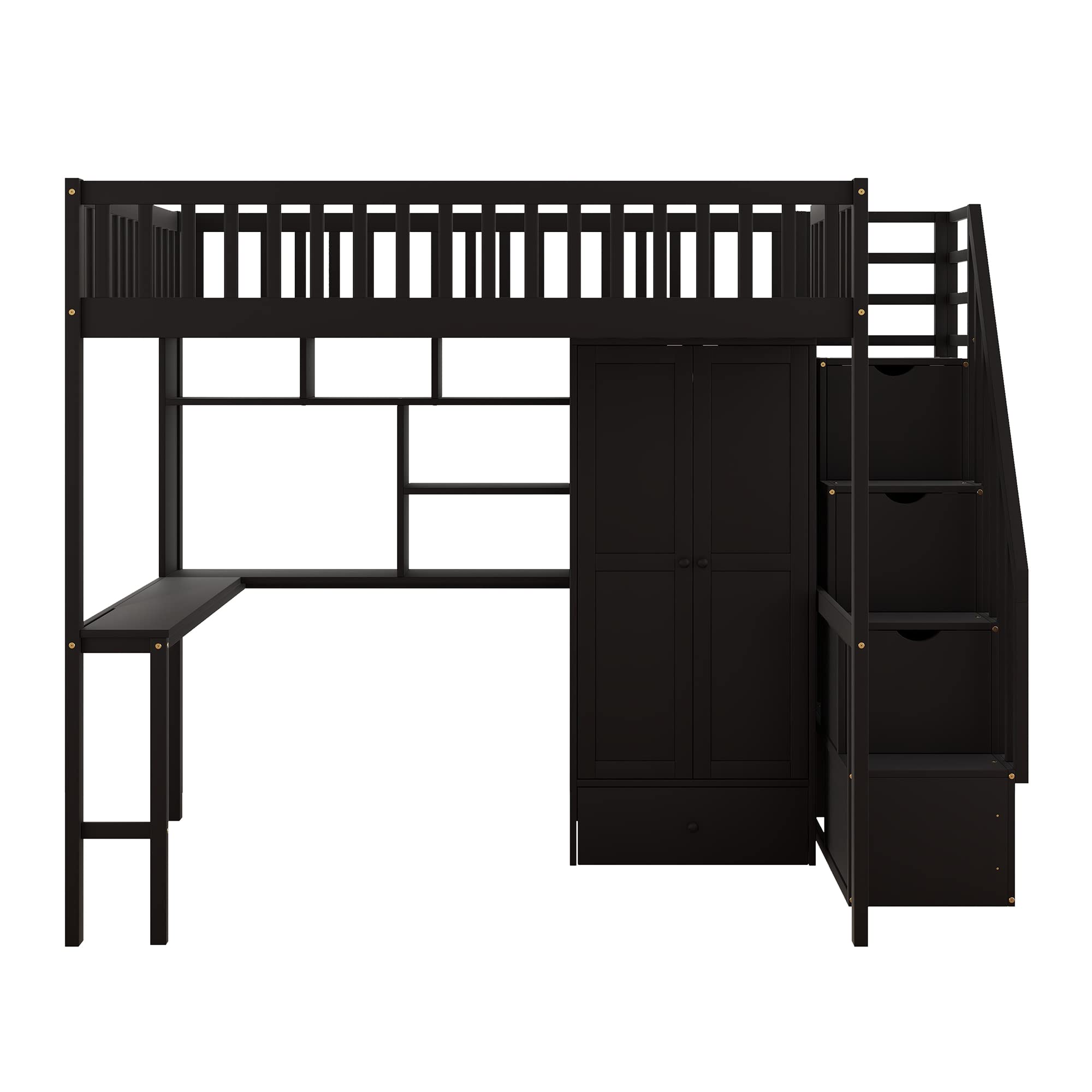 Full Size Loft Beds Stairway Loft Bed Frame with Wardrobe, Desk, Bookcase and Drawers, Espresso