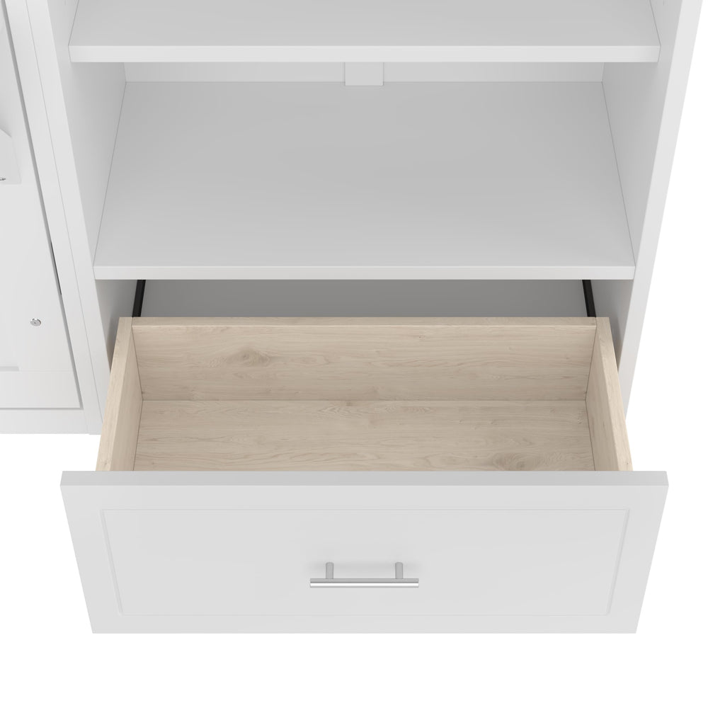 Merax Queen Murphy Bed with 3 Height Adjustable Storage Shelves & 1 Drawer, Wall Bed Frame Multifunctional Foldable Platform Bed for Small Space, Bedroom, Guest Room, Bear 500LBS (White)