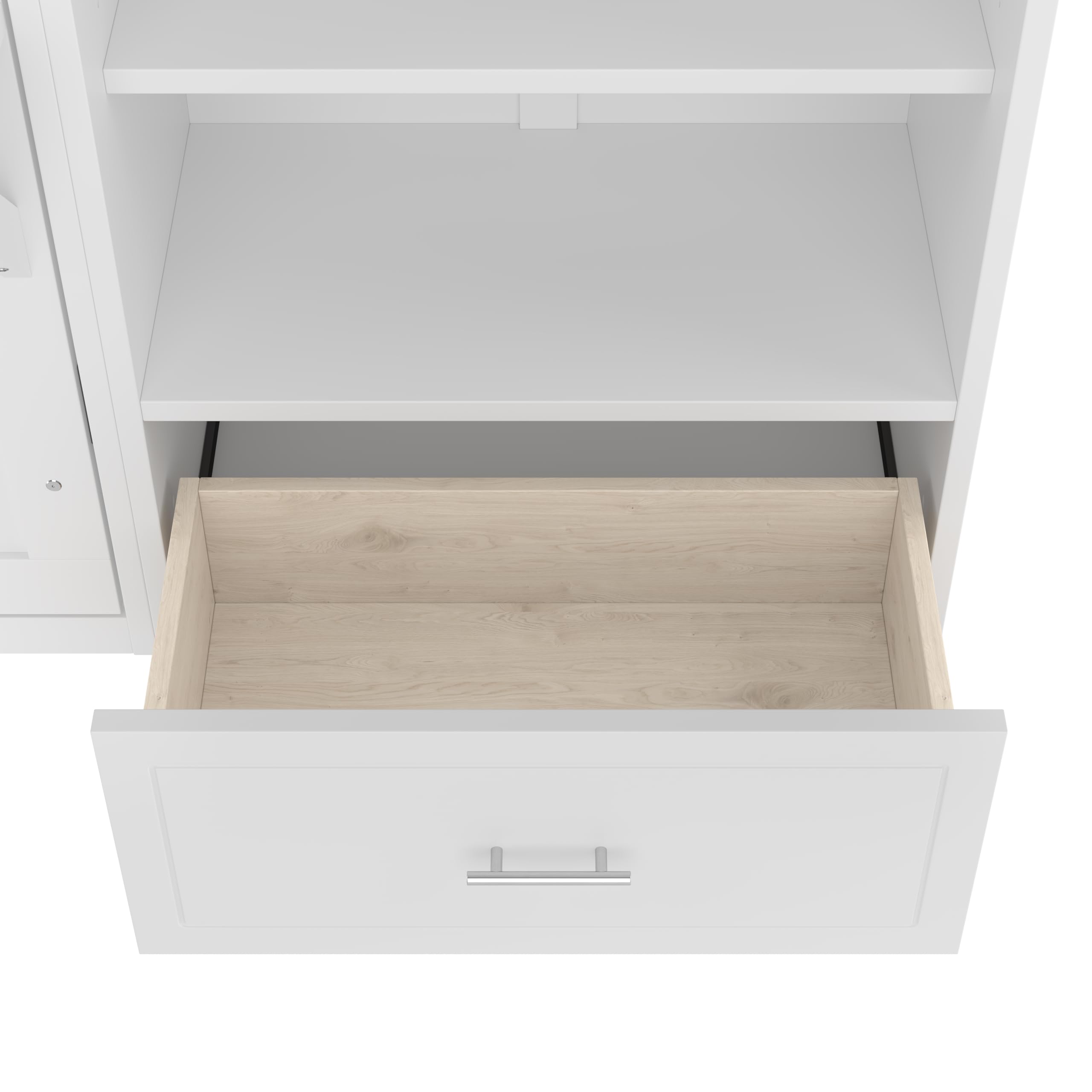 Merax Queen Murphy Bed with 3 Height Adjustable Storage Shelves & 1 Drawer, Wall Bed Frame Multifunctional Foldable Platform Bed for Small Space, Bedroom, Guest Room, Bear 500LBS (White)