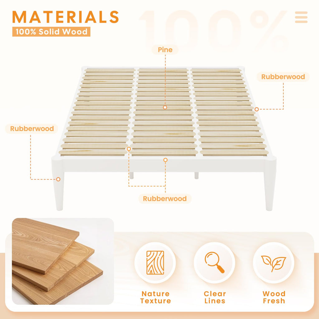 IOTXY Twin Platform Bed Frame - Solid Wood 16-Inch Height Mattress Foundation Base with Densely Slats and Heavy-Duty Support Legs, No Box Spring Needed, White