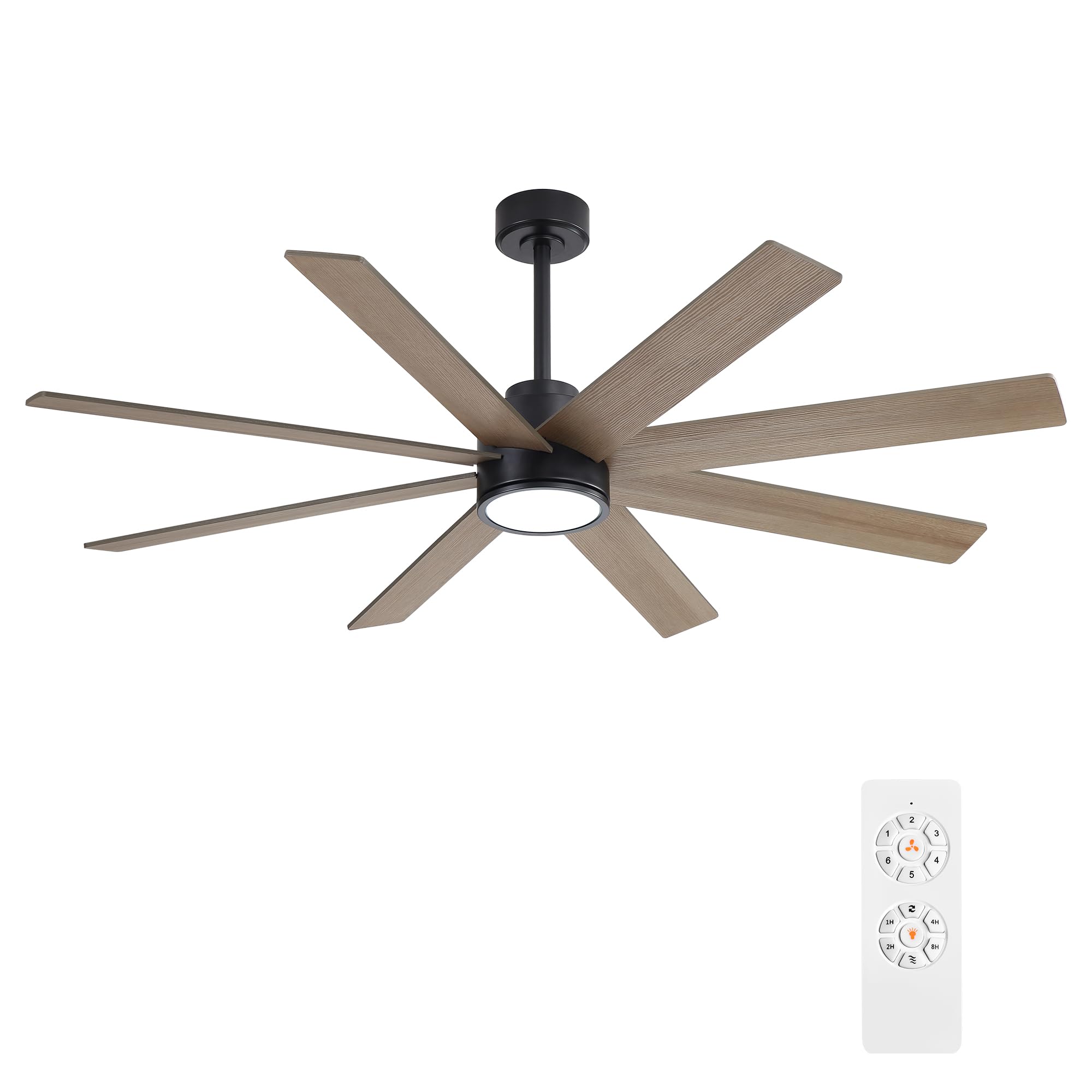 WINGBO 60" Large DC Ceiling Fans with Lights and Remote, 3 Downrods, 8 Plywood Blades, 6-Speeds Reversible DC Motor, 3CCT, Indoor Ceiling Fan for Bedroom Living Room Patio, Black and Gray