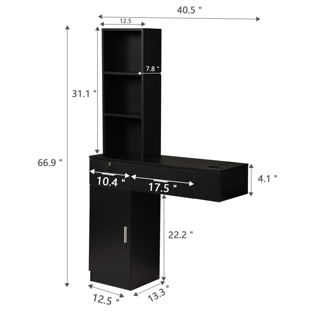 Wall Mount Hair Styling Barber Station Beauty Hair Salon Spa Equipment Set W, 3 Tier Shelf, Lockable Drawer, Black