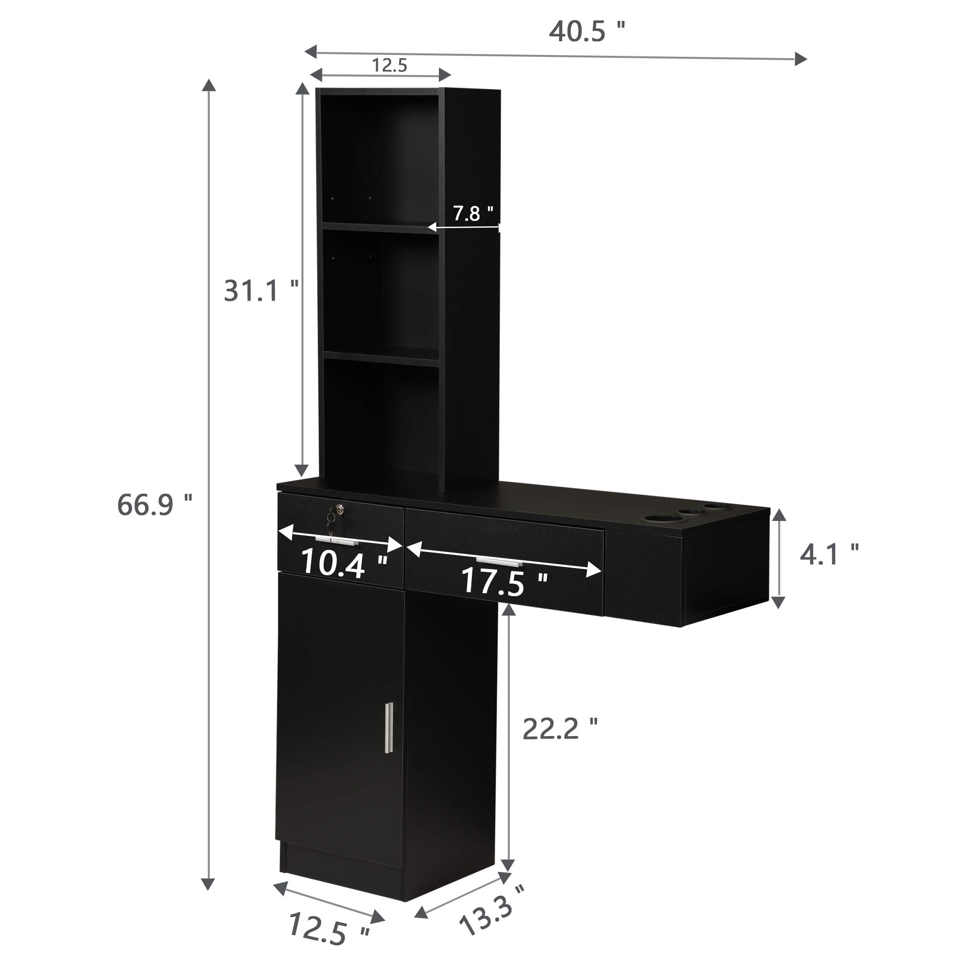 Wall Mount Hair Styling Barber Station Beauty Hair Salon Spa Equipment Set W, 3 Tier Shelf, Lockable Drawer, Black