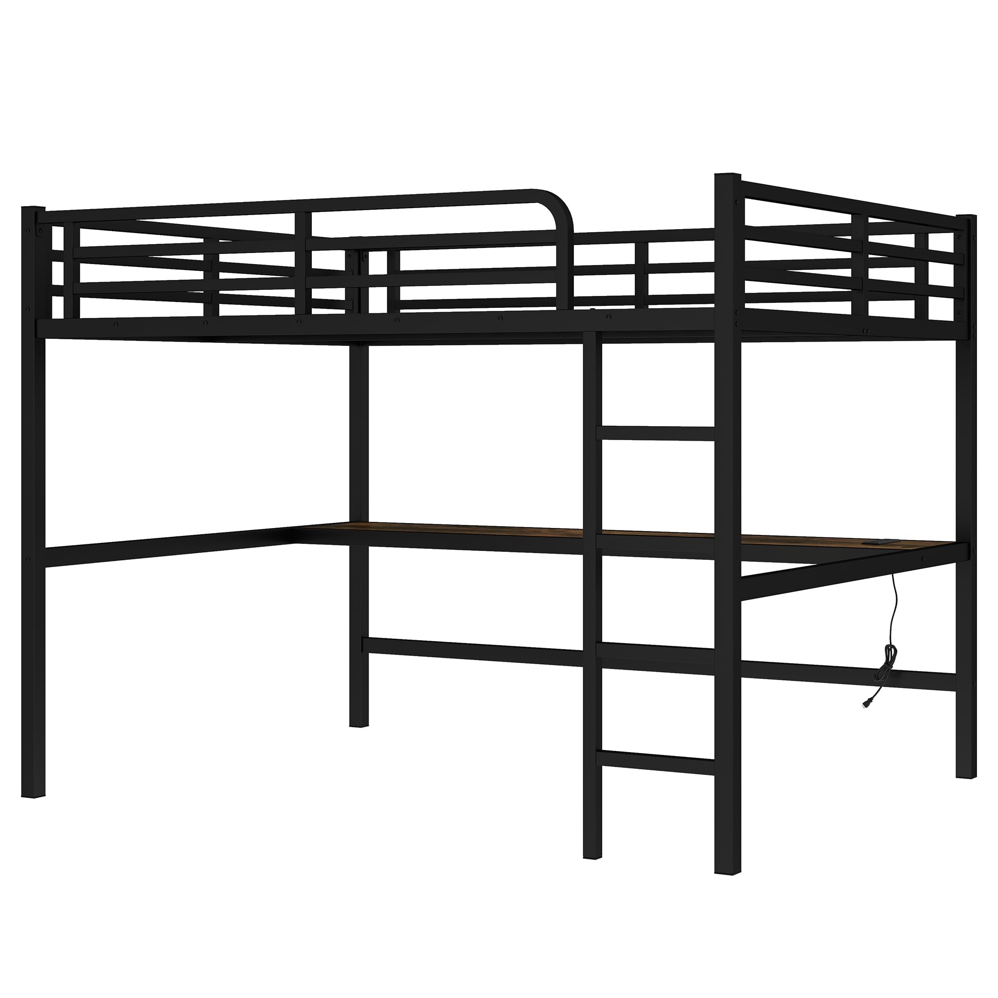 Bellemave Queen Loft Bed with Desk, Metal Queen Size Loft Bed Frame with Built-in Ladder, LED Loft Beds with Charging Station & Safety Guardrails for Kids,Teens, Adults, Black