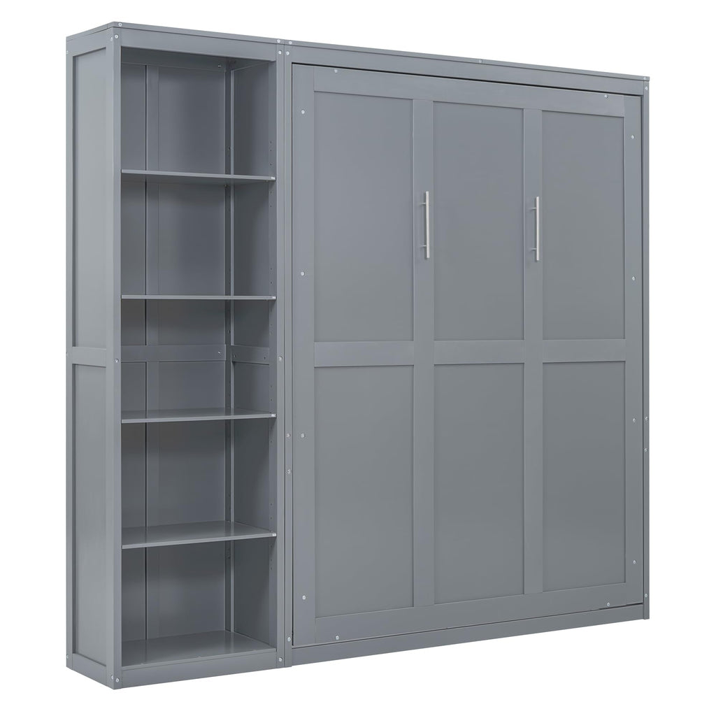 Merax Space-Saving Gray Murphy Bed Queen Size with Adjustable Storage Shelves, Multifunctional Foldable Wall Bed for Small Spaces Studio Study Office Guest Room