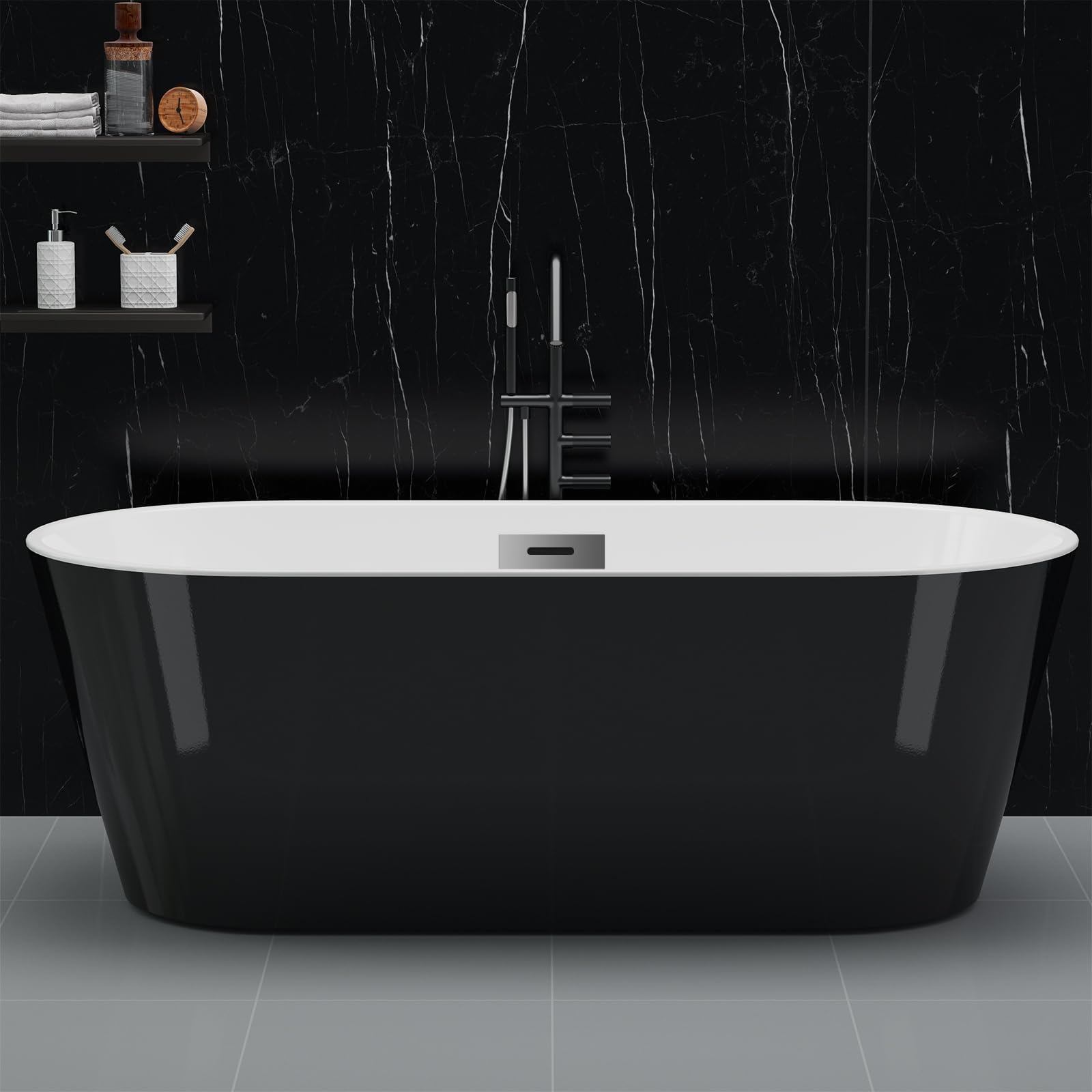 67'' Freestanding Bathtub, Deep Soaking Tub with Non-Slip Base, Acrylic, cUPC Certified Free Standing Tub, Chrome Drain Bath Tub, Modern Tub for Bathrooms, Black