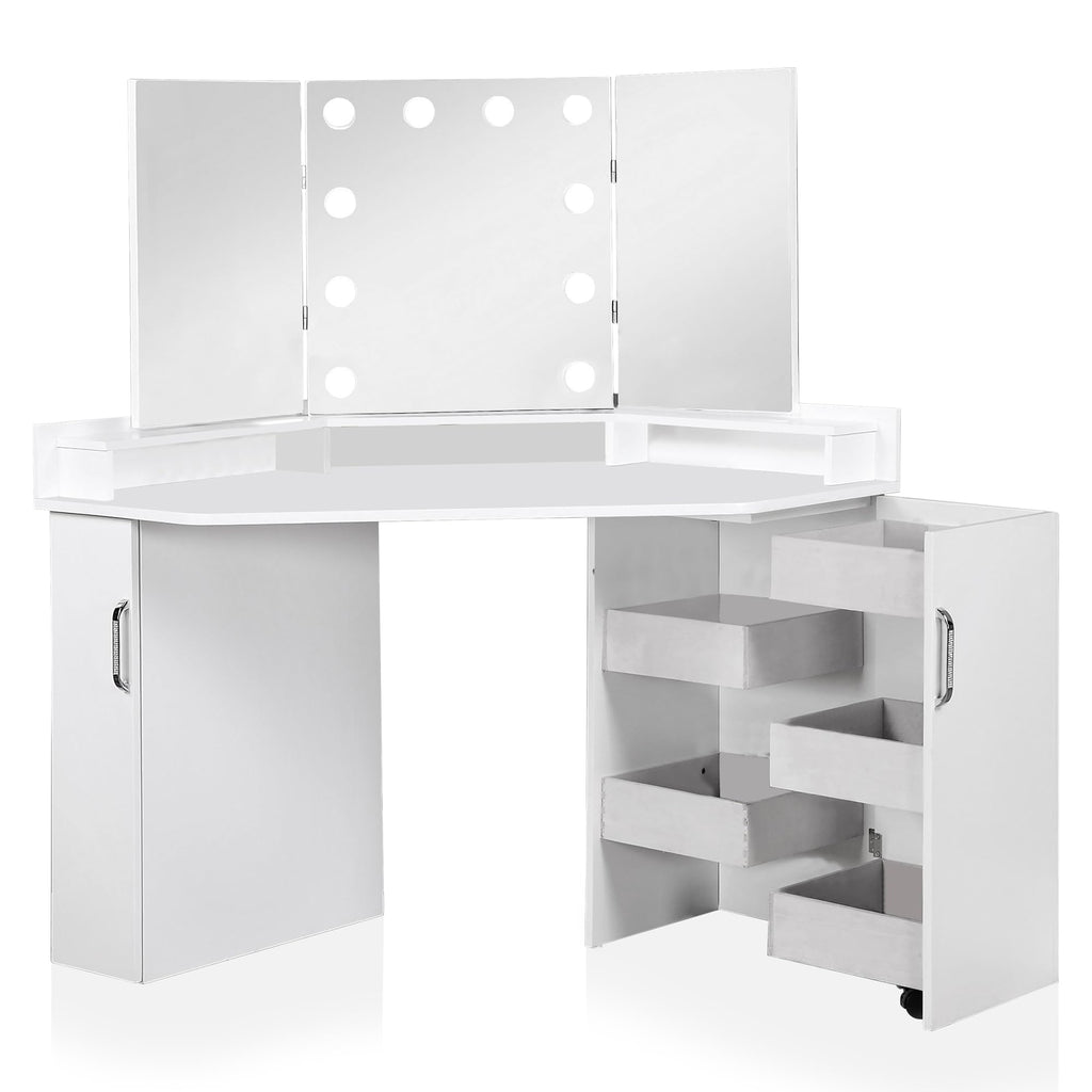 Furniture of America Sebastian Glam Solid Wood Vanity Set, Include Multiple Drawers Table and Mirror with 10 Bulbs for Bedroom, Dressing Room, Bathroom, Guest Room, White