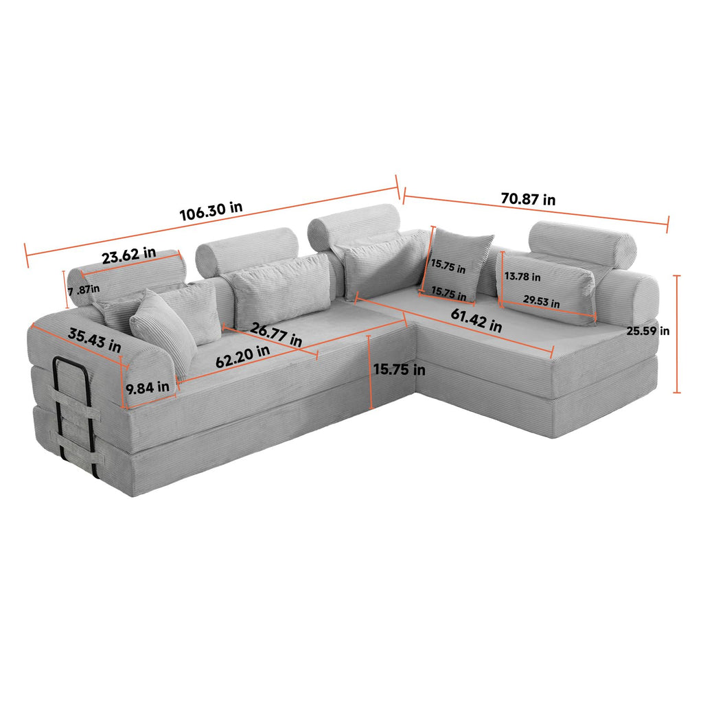 KEIKI 6-in-1 Folding Convertible High Back Sofa Sleeper, 106" Oversized Modular Sectional Corduroy Upholstered L Shape Couches for Living Room, Deep Cushion for Open Concept Living, Grayish Green