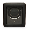 Wolf Cub Single Watch Winder with Glass Cover, Black - Secure Fit with Patented Lock-in Dynamic Cuff - Accommodates All Wrist Sizes - Vegan Leather - Includes Universal Adapter