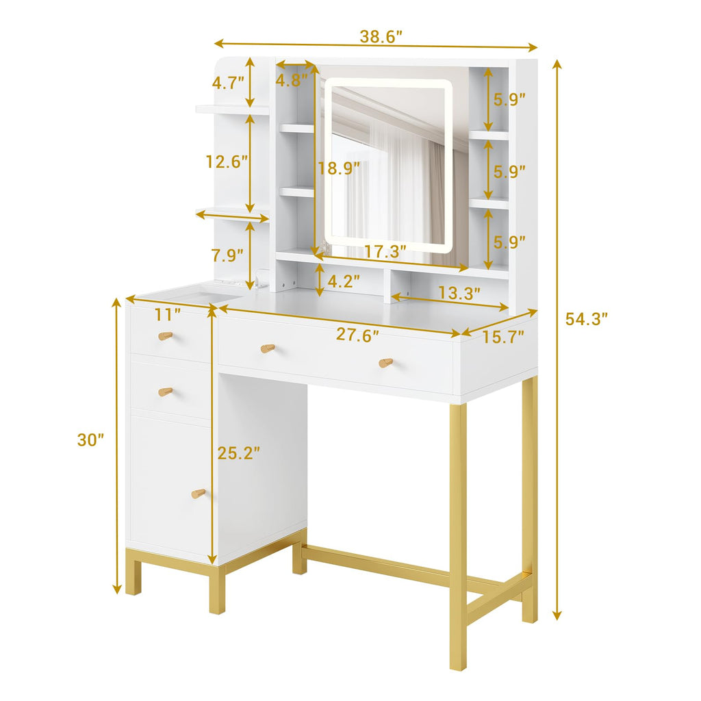 GAOMON 43.7'' White Vanity Desk Table with Lighted Mirror & Power Outlet, 3 Lighting Modes, Brightness Adjustable Vanity Table Makeup Vanity for Bedroom Dressing Room
