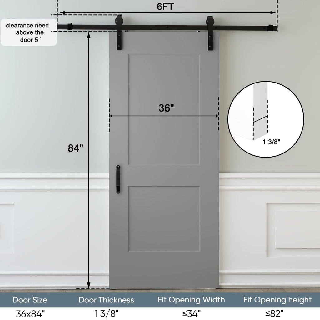 JUBEST 36"x84" Sliding Barn Door, 2-Panel White Primed Composite Interior Molded Door Slab with 6FT Hardware Kits & Handle, Preassembled Solid Core Panels with Paintable Surface, Durable & Sturdy
