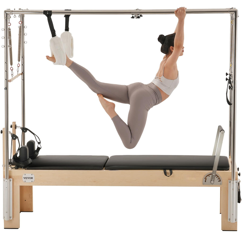 VEVOR Pilates Reformer, Wooden Pilates Machine for Home Gym Studio, Strength Training Workout Equipment with Dual Resistance, Reformer Box, Jump Board, for Advanced Users and Beginners, Up to 400 LBS