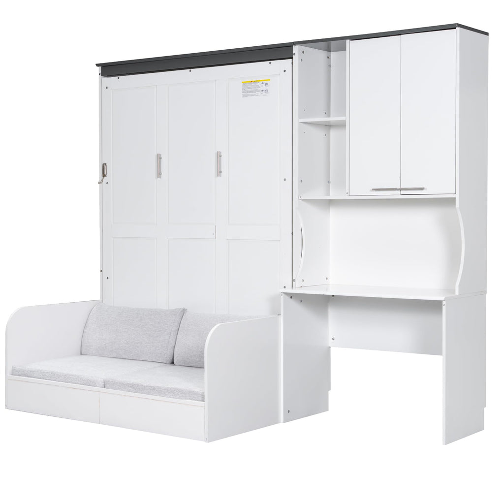 Merax Farmhouse Multi-Functional Murphy Bed with Sofa, Desk & Storage Cabinet,Solid Wood Foldable Wall Bed/Space Saving/No Box Spring Needed/Full,White + Gray