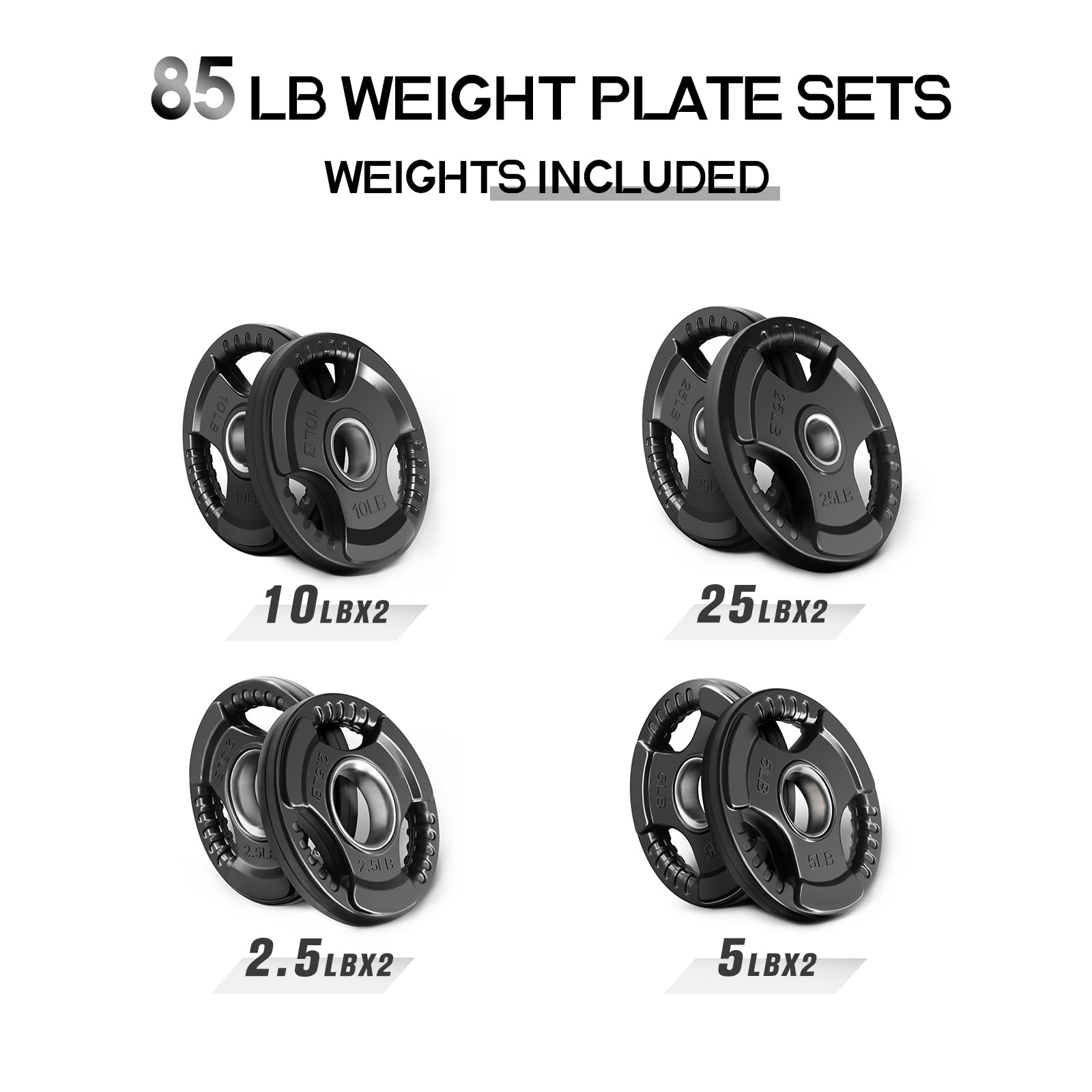 RitFit Weight Plates for Barbell, 2-Inch Olympic Rubber Grip Plates for Weightlifting and Strength Training in Home & Gym, Single, Pair and Sets(85LB, Set)