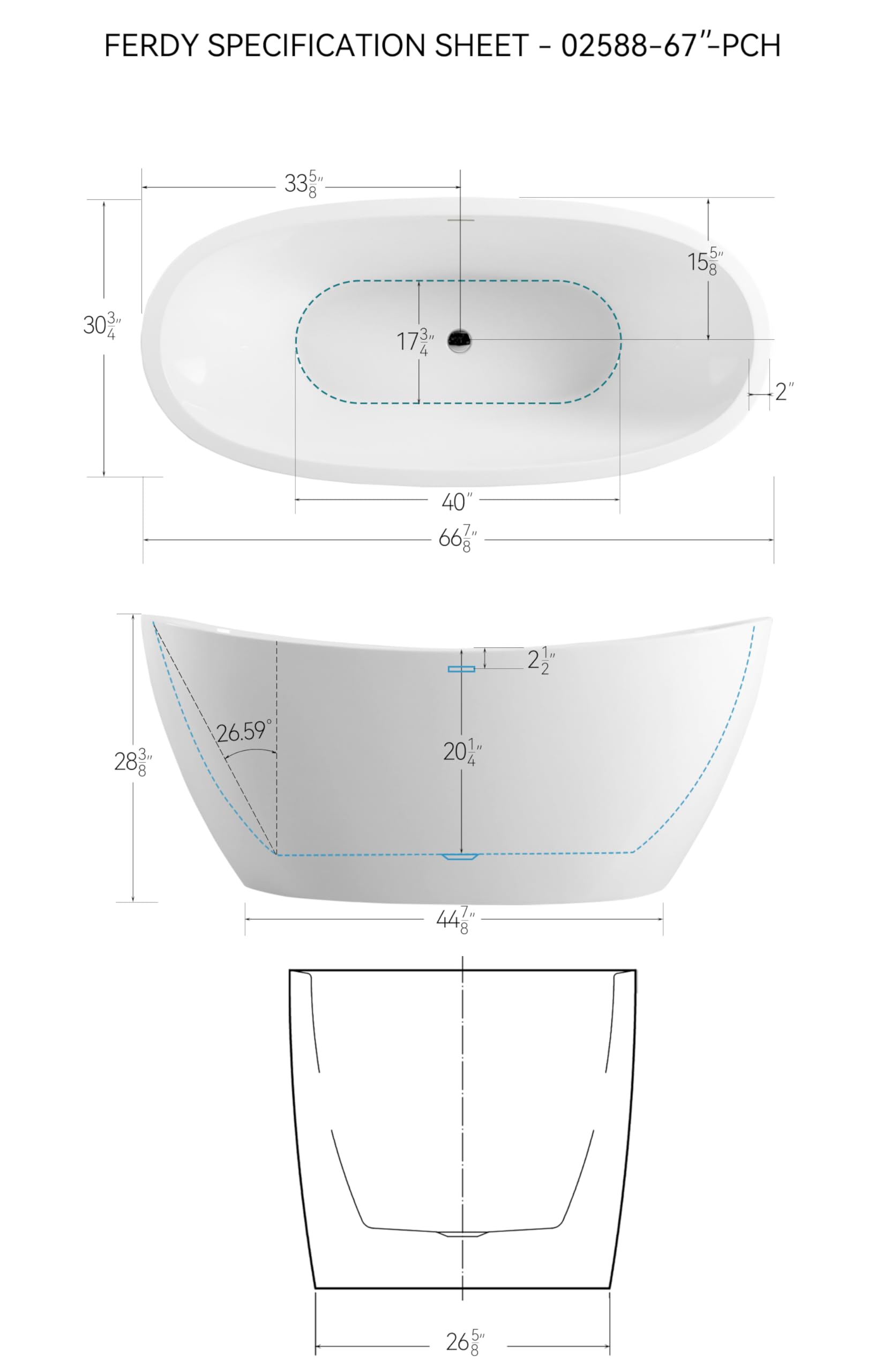 FerdY Naha 67" Acrylic Freestanding Bathtub, Curve Edge Freestanding Soaking Bathtub, Glossy White, cUPC Certified, Toe-Tap Chrome Drain & Overflow Assembly Included, 02588