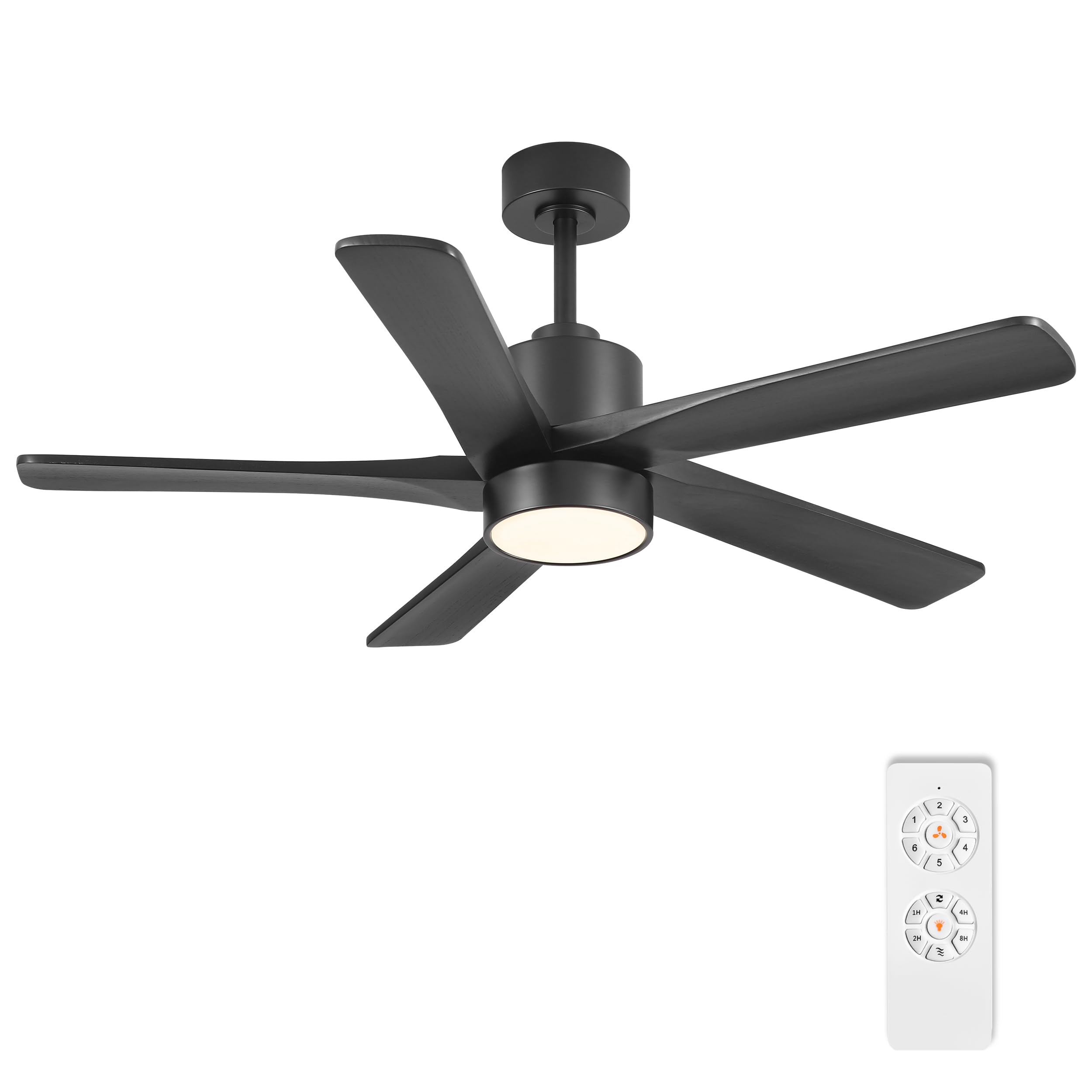 WINGBO 48 Inch DC Ceiling Fan with Lights and Remote Control, 5 Carved Solid Wood Blades, 6-Speed Noiseless Reversible DC Motor, Indoor Ceiling Fan in Matte Black Finish with Black Blades