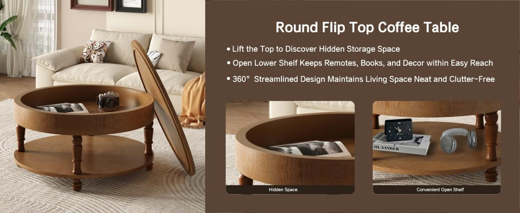 Hayzz Round Coffee Table with Storage 31.5 Inch, Modern Lift Top Accent Coffee Table with Hidden Compartment & Lower Shelf, Adjustable Leveling Feet, Easy Assembly for Living Room, Walnut Brown