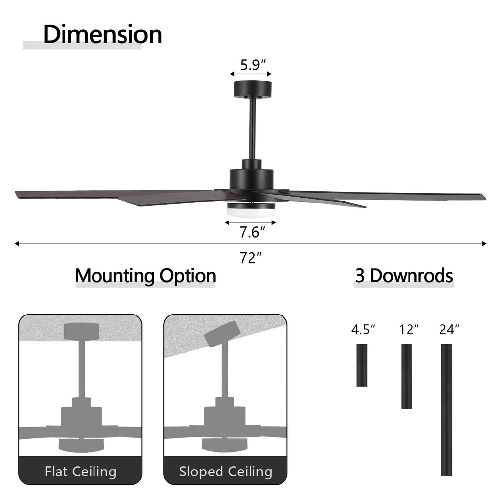 WINGBO 72" Ceiling Fan with Light and Remote Control, 6 Speed Reversible DC Motor, Dimmable LED Light, for Home and Commercial Use, Living Room/Shop/Warehouse Black/Walnut