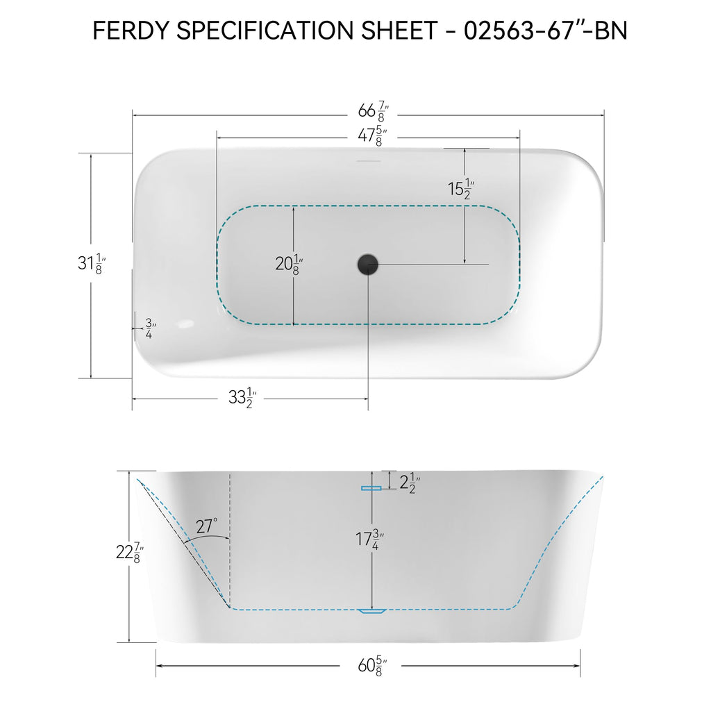 FerdY Maui 67" Acrylic Freestanding Bathtub, Contemporary Elegant Design Soaking Tub with Matte Black Drain and Minimalist Linear Design Overflow, Easy to Install