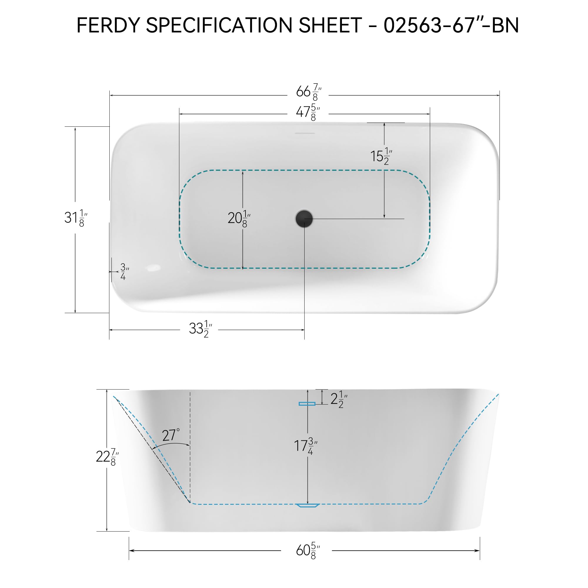 FerdY Maui 67" Acrylic Freestanding Bathtub, Contemporary Elegant Design Soaking Tub with Matte Black Drain and Minimalist Linear Design Overflow, Easy to Install