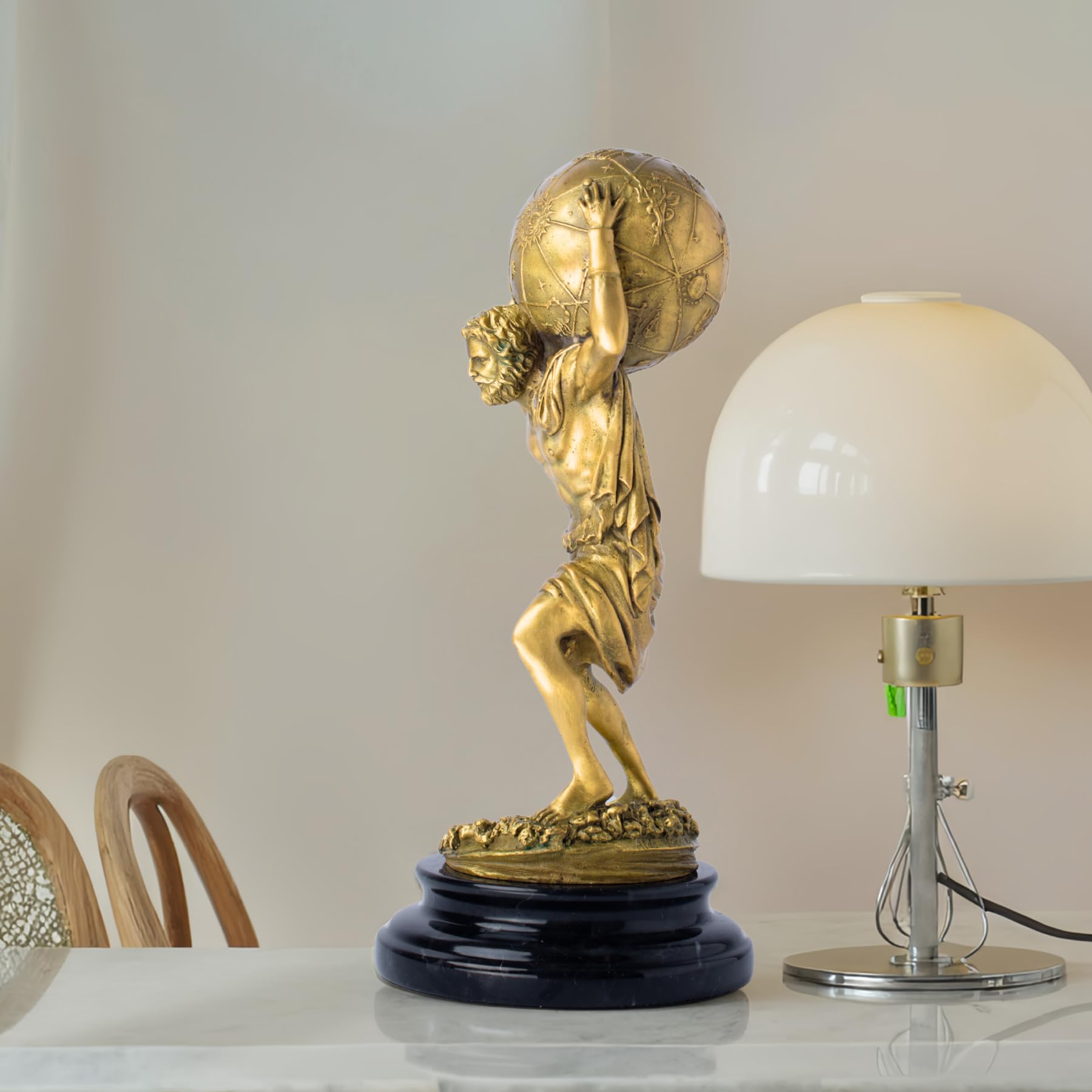 R REALONG Gloden Bronze Atlas Sculpture with Marble Base – 13.4" Tall Handcrafted Titan Atlas Carrying Globe Figurine, Lost-Wax Cast Bronze Art Decor for Home, Office & Collectors