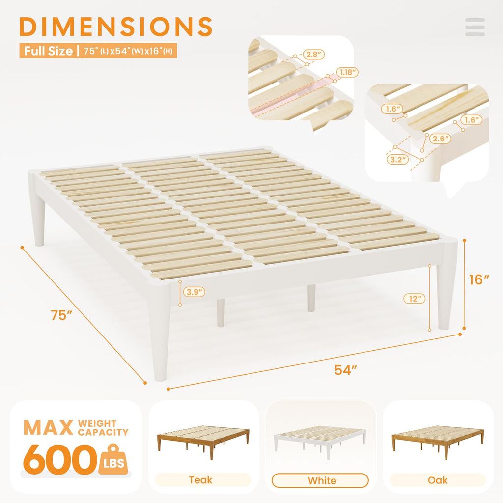 IOTXY Full Platform Bed Frame - Solid Wood 16-Inch Height Mattress Foundation Base with Densely Slats and Heavy-Duty Support Legs, No Box Spring Needed, White
