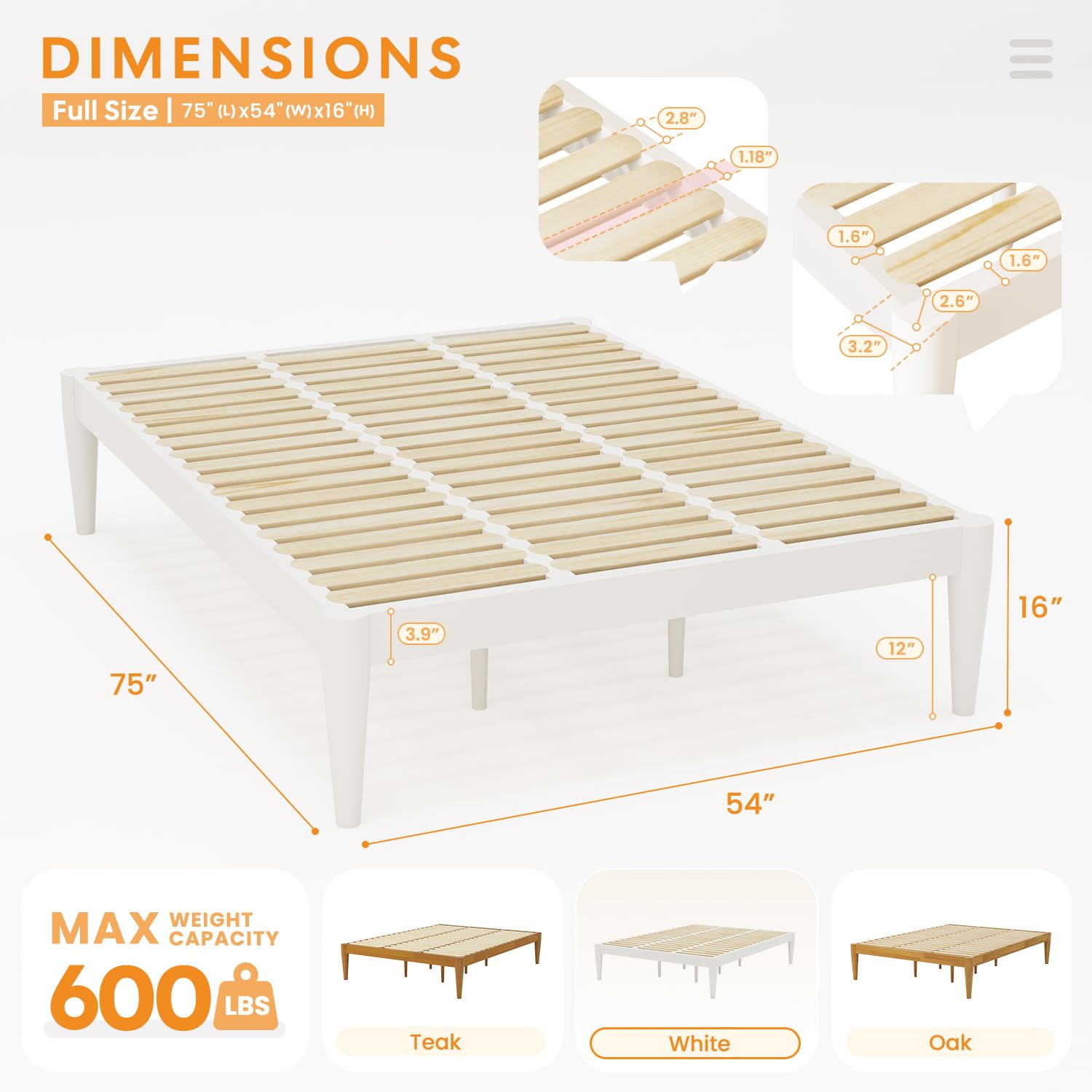 IOTXY Full Platform Bed Frame - Solid Wood 16-Inch Height Mattress Foundation Base with Densely Slats and Heavy-Duty Support Legs, No Box Spring Needed, White