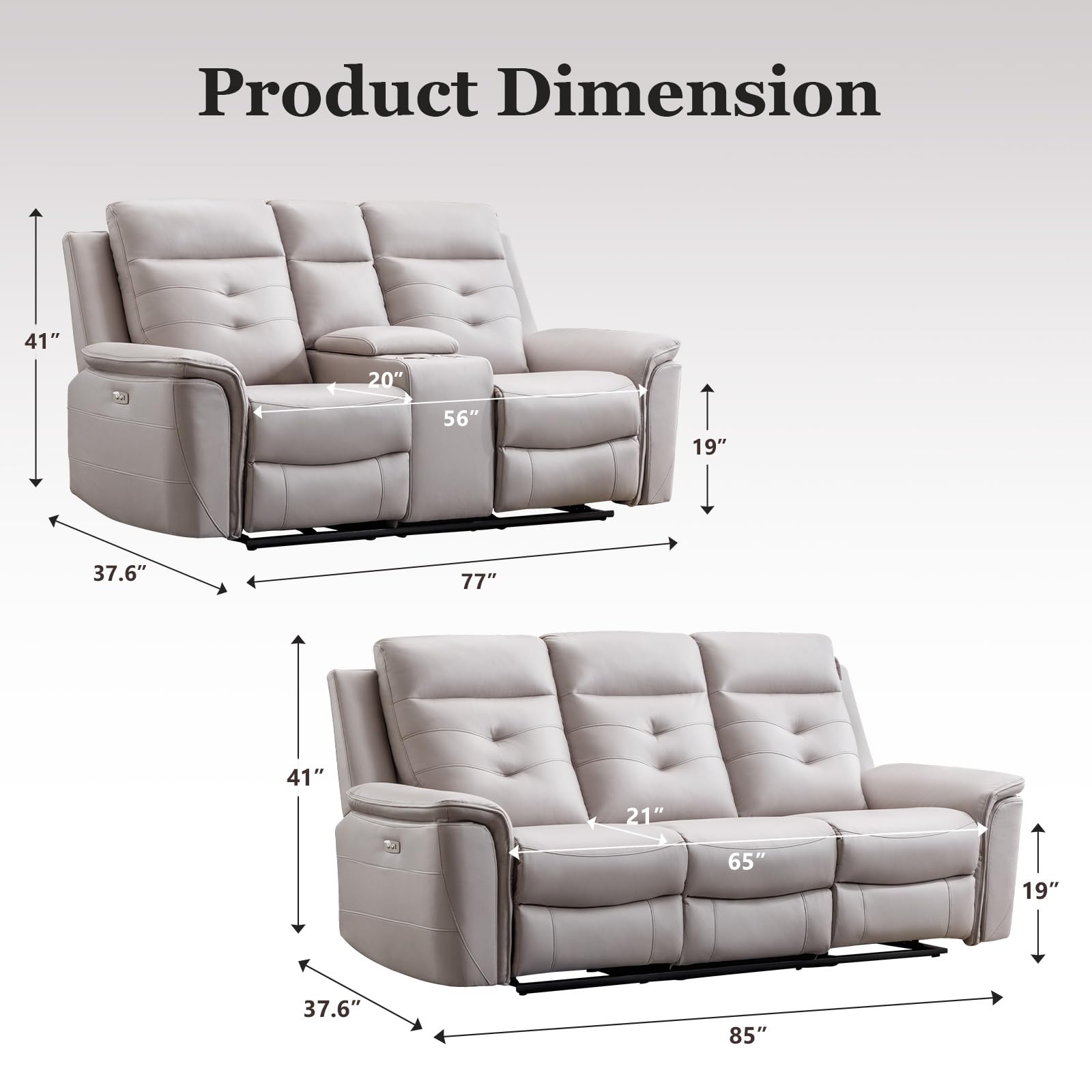 EBELLO 2 Pieces Faux Leather Power Recliner Sofa Set, Reclining Living Room Furniture Set, Included Loveseat and 3 Seat Electric Recliner Sofa, Modern Design for Living Room, Grey