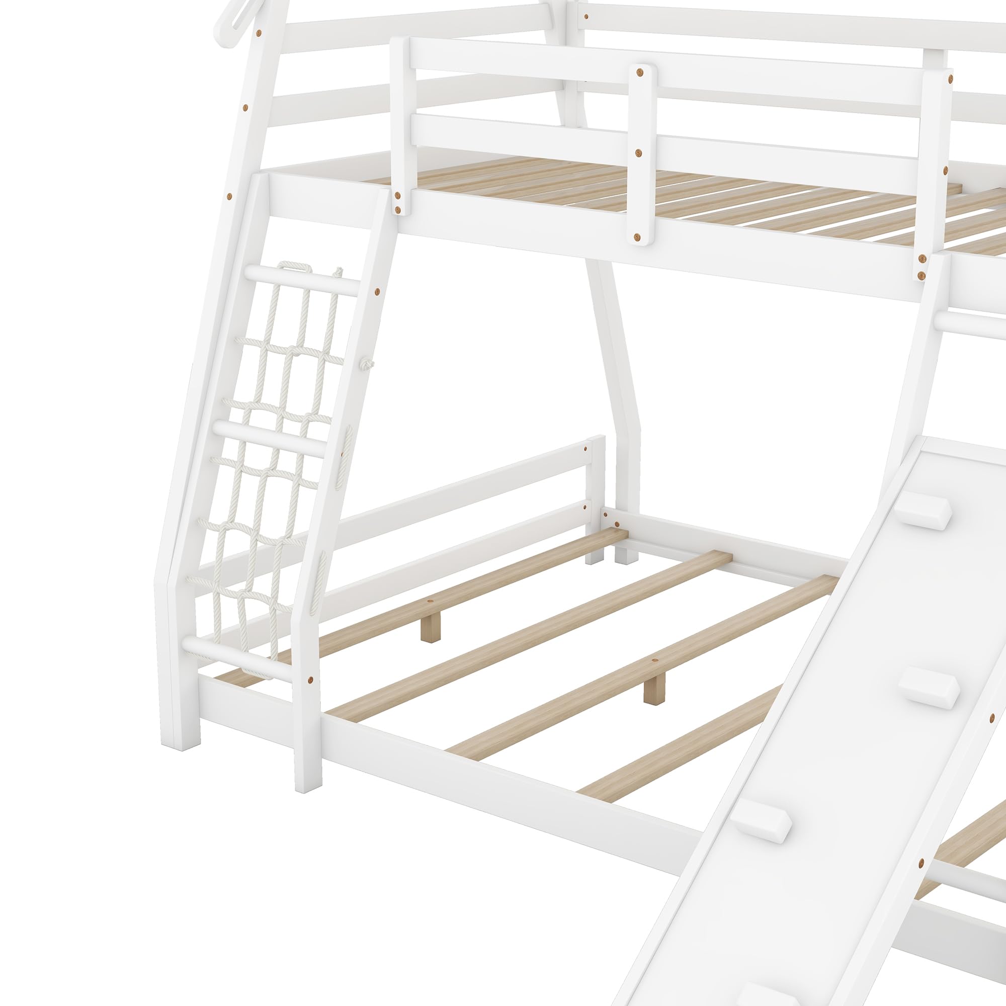 Bellemave Bunk Bed Twin Over Queen with Slides and Stairs, House Bunk Bed with Climbing Nets and Climbing Ramp for Kids, Teens, White
