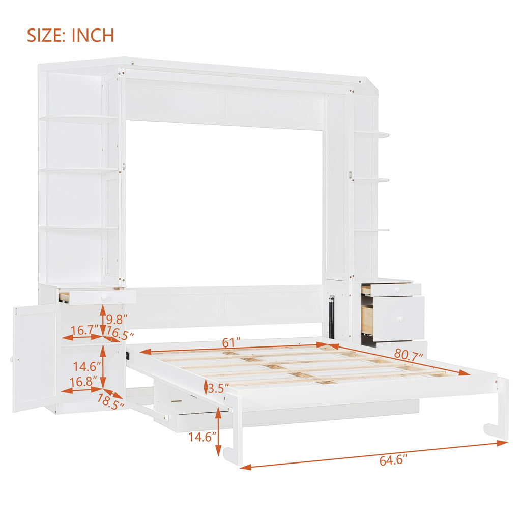 Merax Queen Murphy Bed with Desk and Storage, Hidden Wall Bed with Foldout Workstation, Shelves and Cabinets for Space-Saving Home Office, White