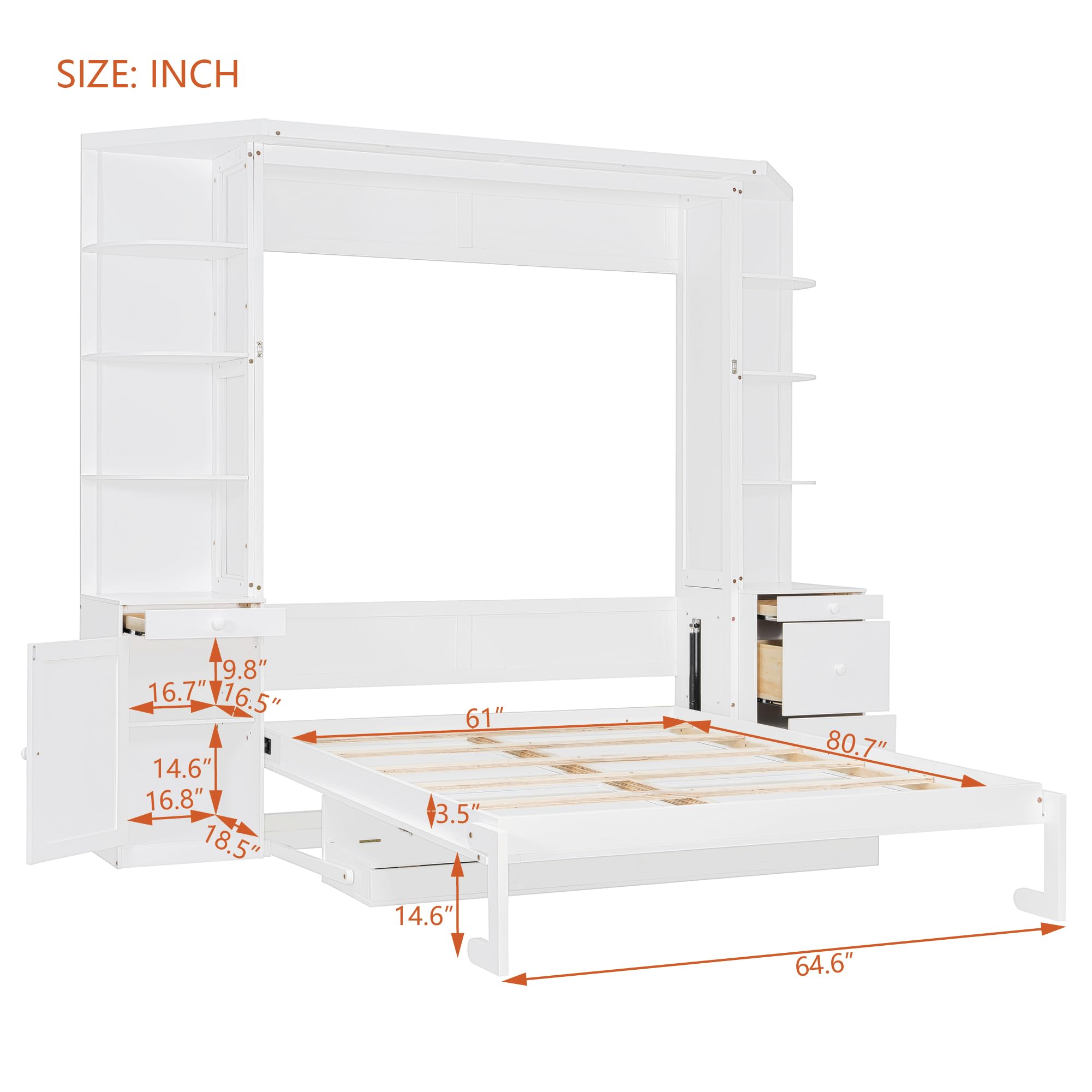 Merax Queen Murphy Bed with Desk and Storage, Hidden Wall Bed with Foldout Workstation, Shelves and Cabinets for Space-Saving Home Office, White