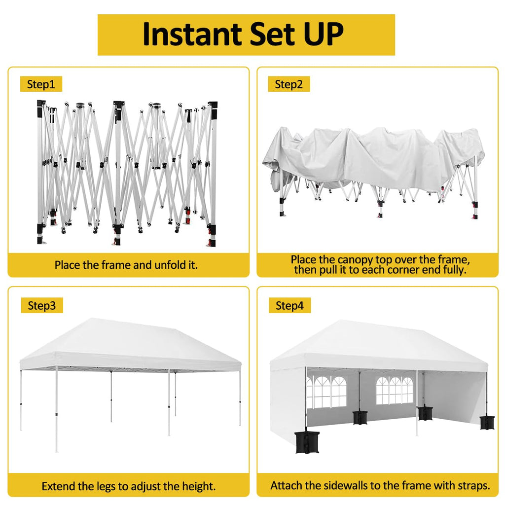 Eachbid 10' x 20' Pop Up Canopy Gazebo Commercial Tent with 4 Removable Sidewalls, Large Party Tent, Event Shelter Gazebo Canopy with 4 Sandbags, Stakes X12, for Patio Party Weddings Picnic (White)
