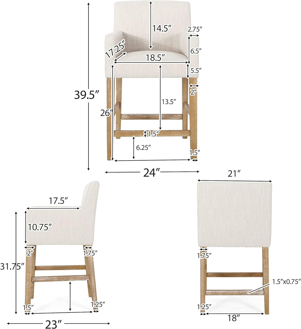 Merax 26" Fabric Upholstered Wood Counter Stools with Backrest and Armrests,Set of 2,Classic Barstools