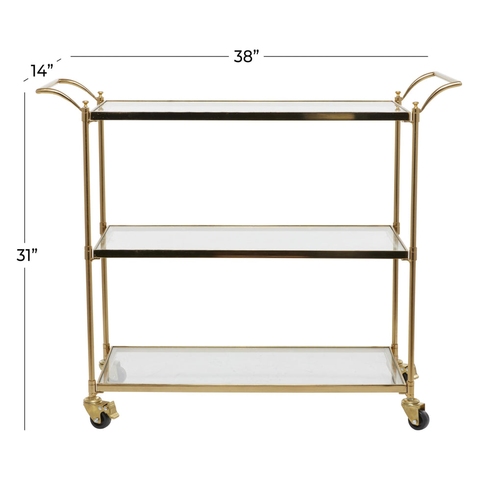 Deco 79 Metal Rolling 3 Glass Shelves Bar Cart with Lockable Wheels, 38" x 14" x 31", Brass