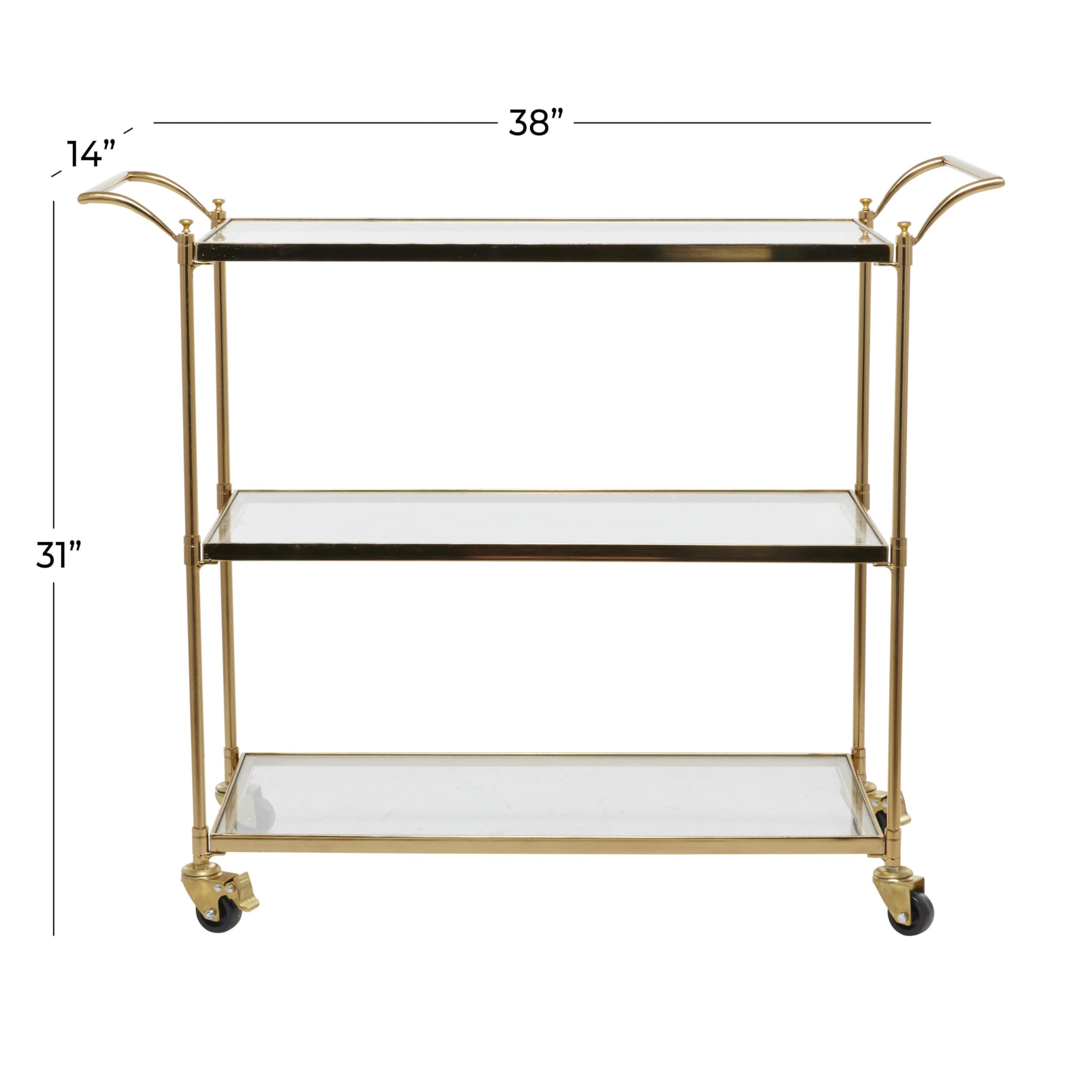Deco 79 Metal Rolling 3 Glass Shelves Bar Cart with Lockable Wheels, 38" x 14" x 31", Brass