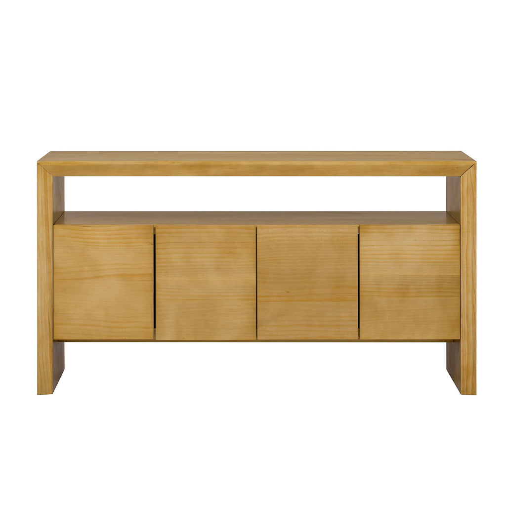 GDFStudio 60" Modern Buffet Cabinet with 4 Doors and Open Shelf, Solid Wood Veneer Sideboard Cabinet Credenza Storage Console Table for Kitchen Dining Room Living Room Entryway Coffee Bar, Natural