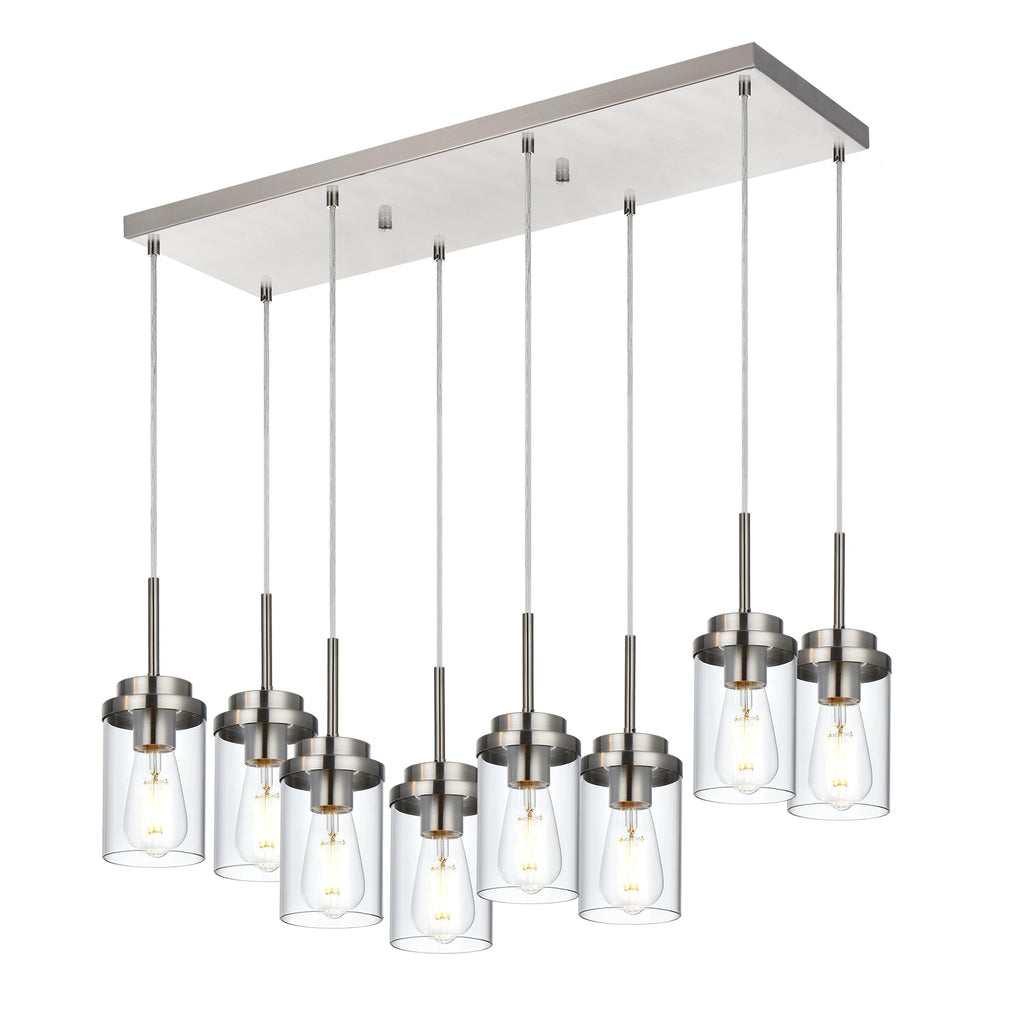 BONLICHT 8 Light Farmhouse Chandelier for Dining Room, Modern Industrial Foyer Linear Pendant Light Traditional Brushed Nickel Kitchen Island Lighting Fixture Hanging Ceiling Lights with Clear Glass