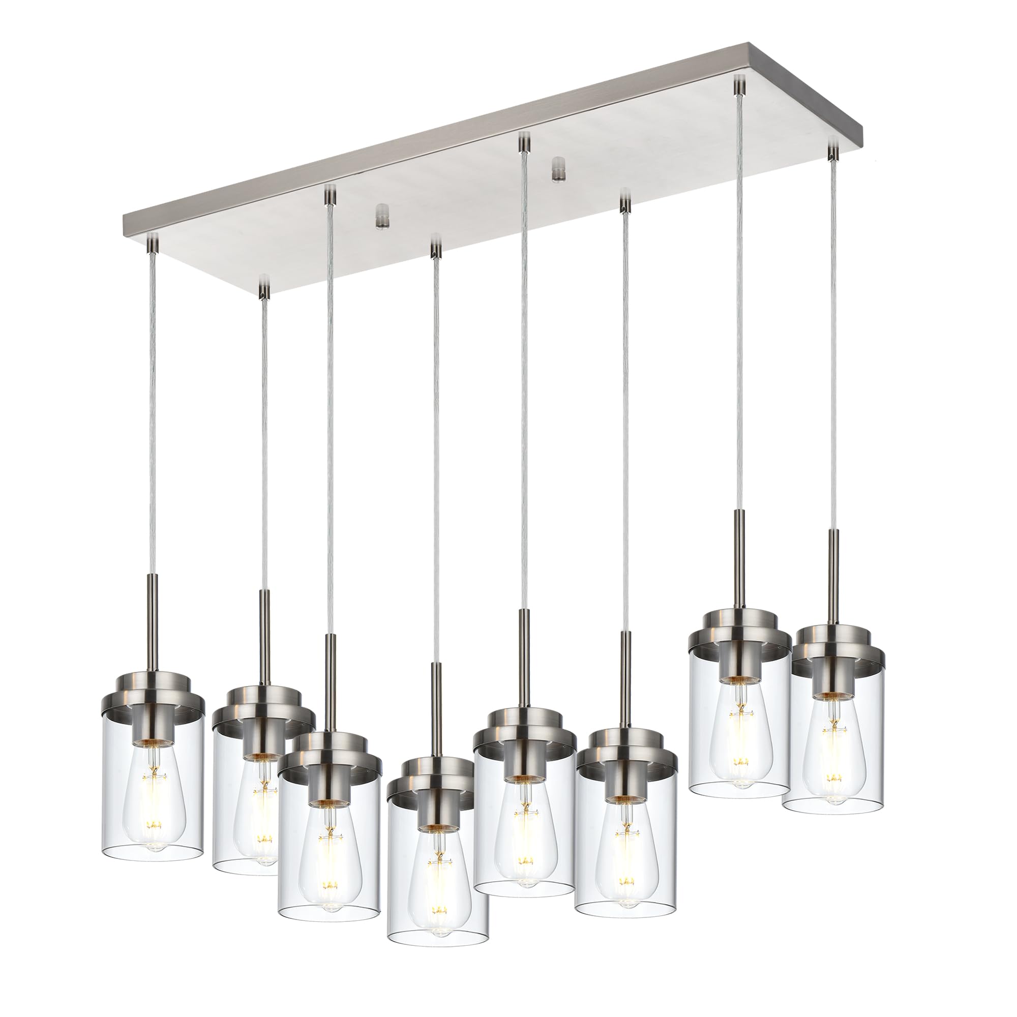 BONLICHT 8 Light Farmhouse Chandelier for Dining Room, Modern Industrial Foyer Linear Pendant Light Traditional Brushed Nickel Kitchen Island Lighting Fixture Hanging Ceiling Lights with Clear Glass