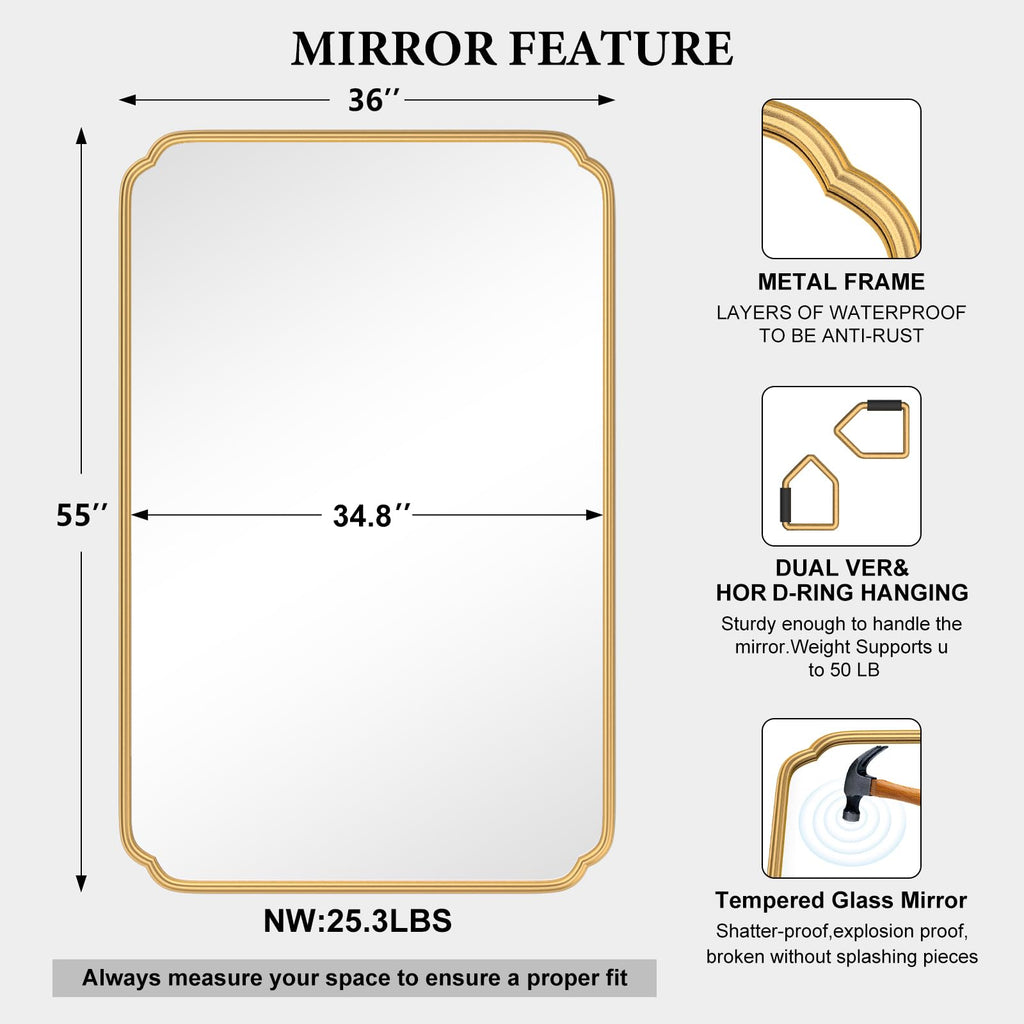 Ferytange 55X36 Inch Gold Metal Framed Bathroom Mirror for Wall, Large Rounded Rectangle Bathroom Vanity Mirror Farmhouse, Anti-Rust, Tempered Glass, Hangs Horizontally or Vertically