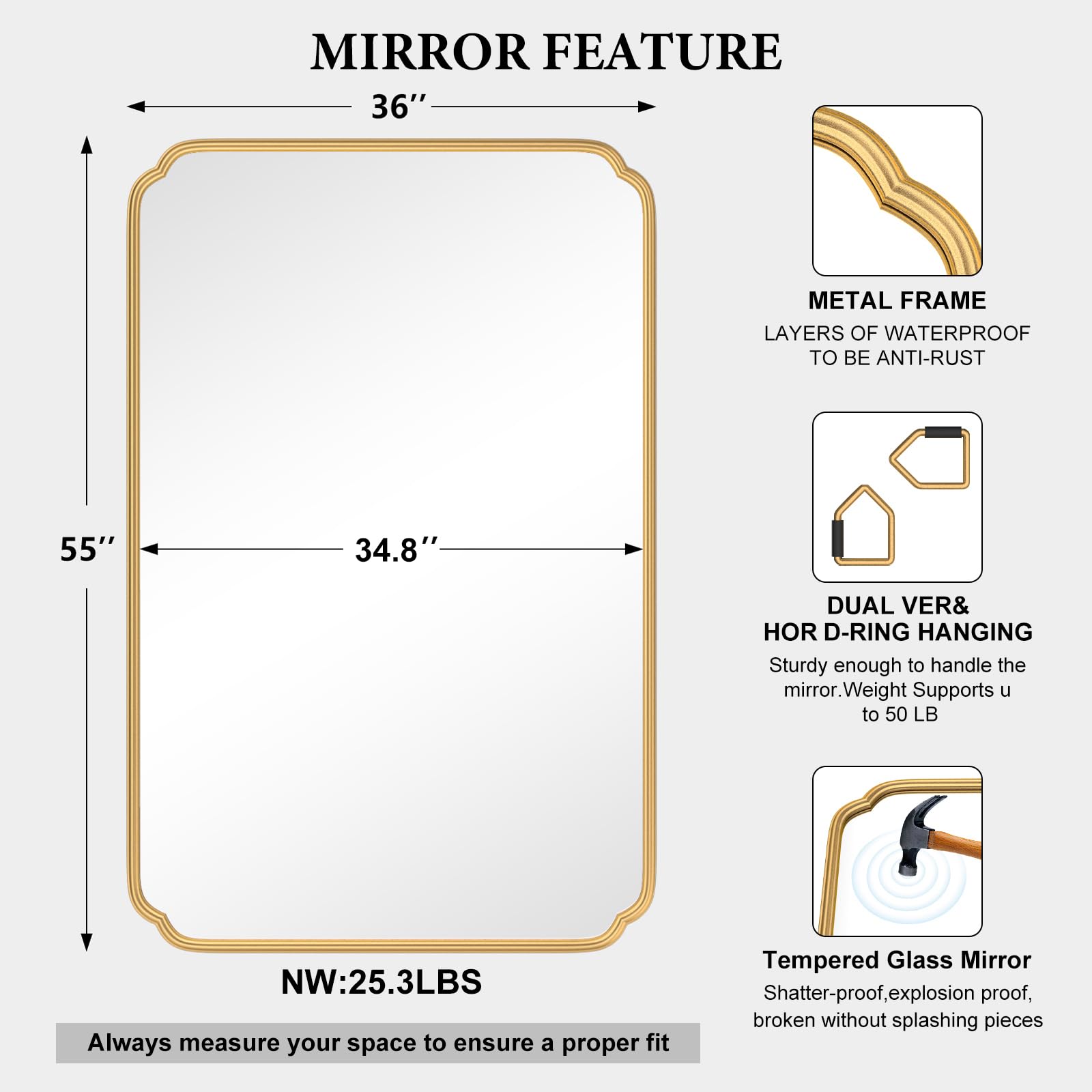 Ferytange 55X36 Inch Gold Metal Framed Bathroom Mirror for Wall, Large Rounded Rectangle Bathroom Vanity Mirror Farmhouse, Anti-Rust, Tempered Glass, Hangs Horizontally or Vertically