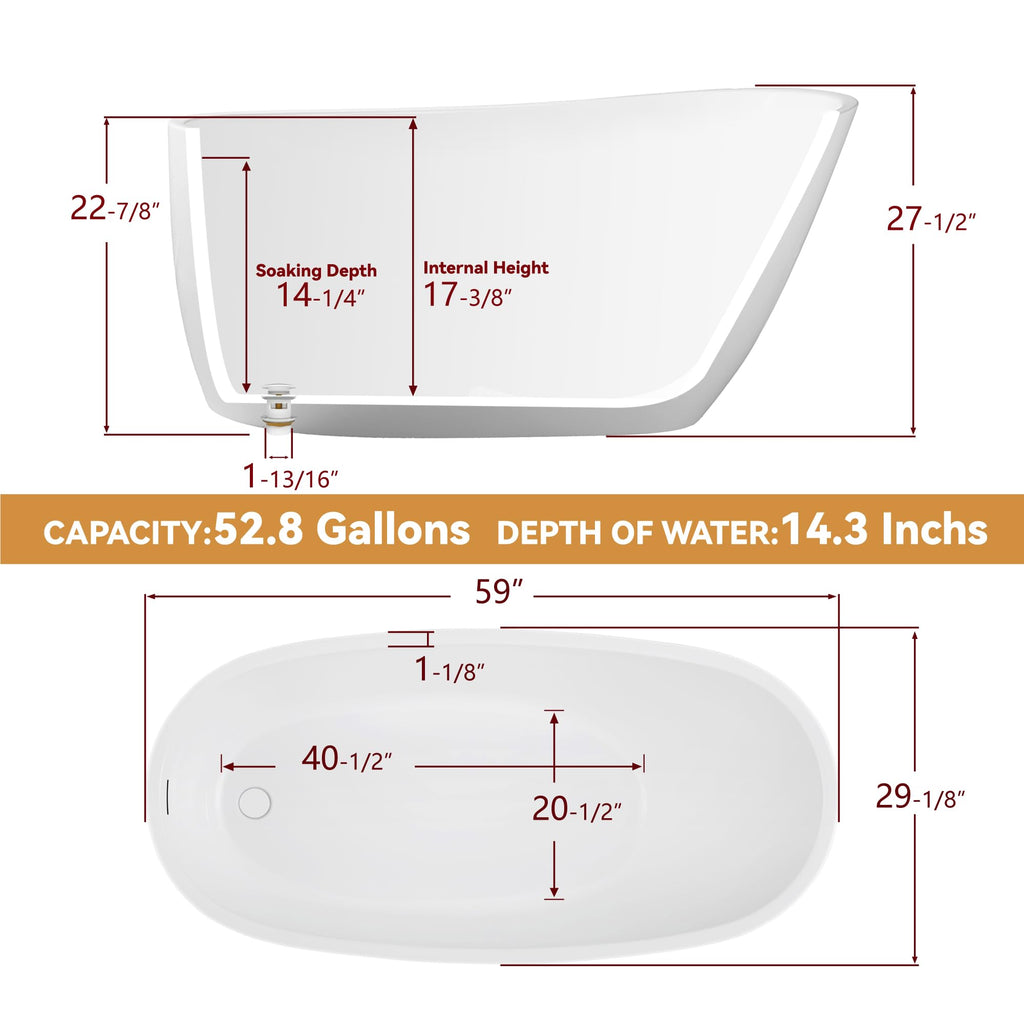 59" Free Standing Tub, Pure Acrylic Freestanding Bathtub, Stylish Stand Alone Contemporary Deep Soaking Bath Tub, cUPC Certified SY9950 (Glossy White)