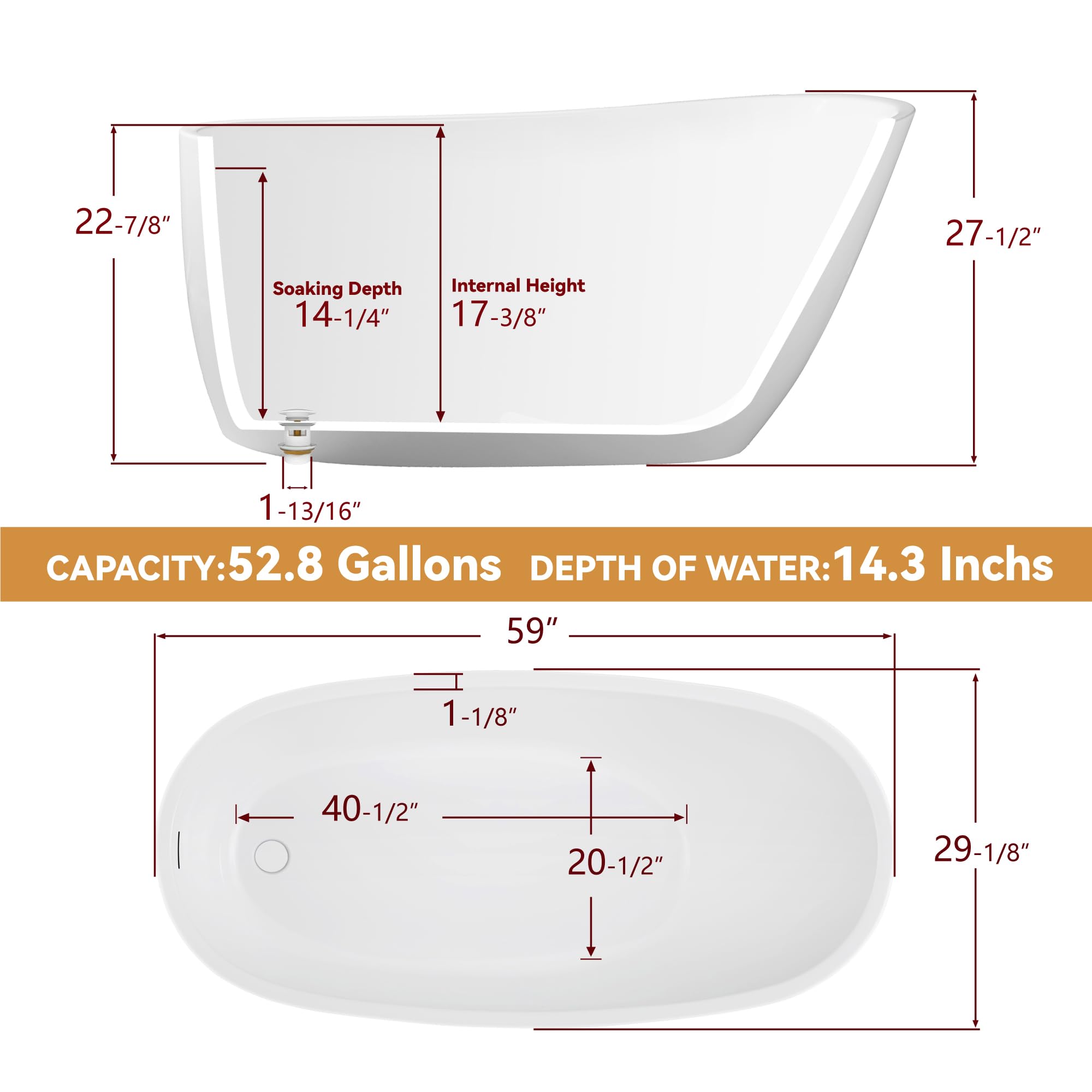 59" Free Standing Tub, Pure Acrylic Freestanding Bathtub, Stylish Stand Alone Contemporary Deep Soaking Bath Tub, cUPC Certified SY9950 (Glossy White)