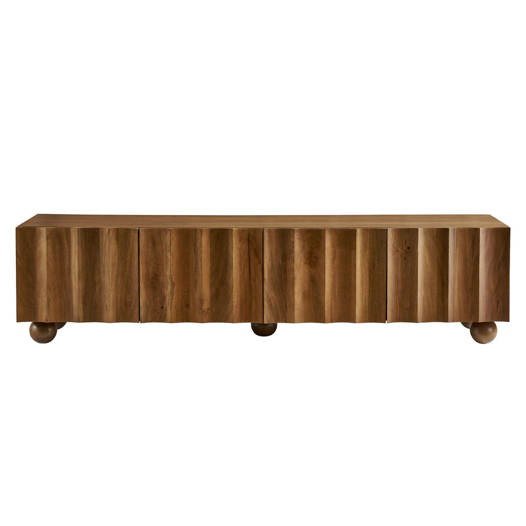 Modway Sorren 71 Inch Scalloped TV Stand in Walnut – 4 Door Media Console Cabinet – Modern Storage TV Stand with Doors