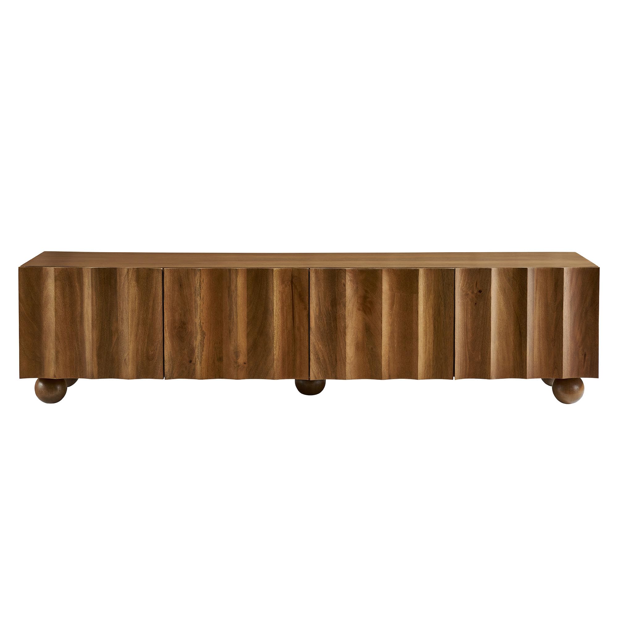 Modway Sorren 71 Inch Scalloped TV Stand in Walnut – 4 Door Media Console Cabinet – Modern Storage TV Stand with Doors