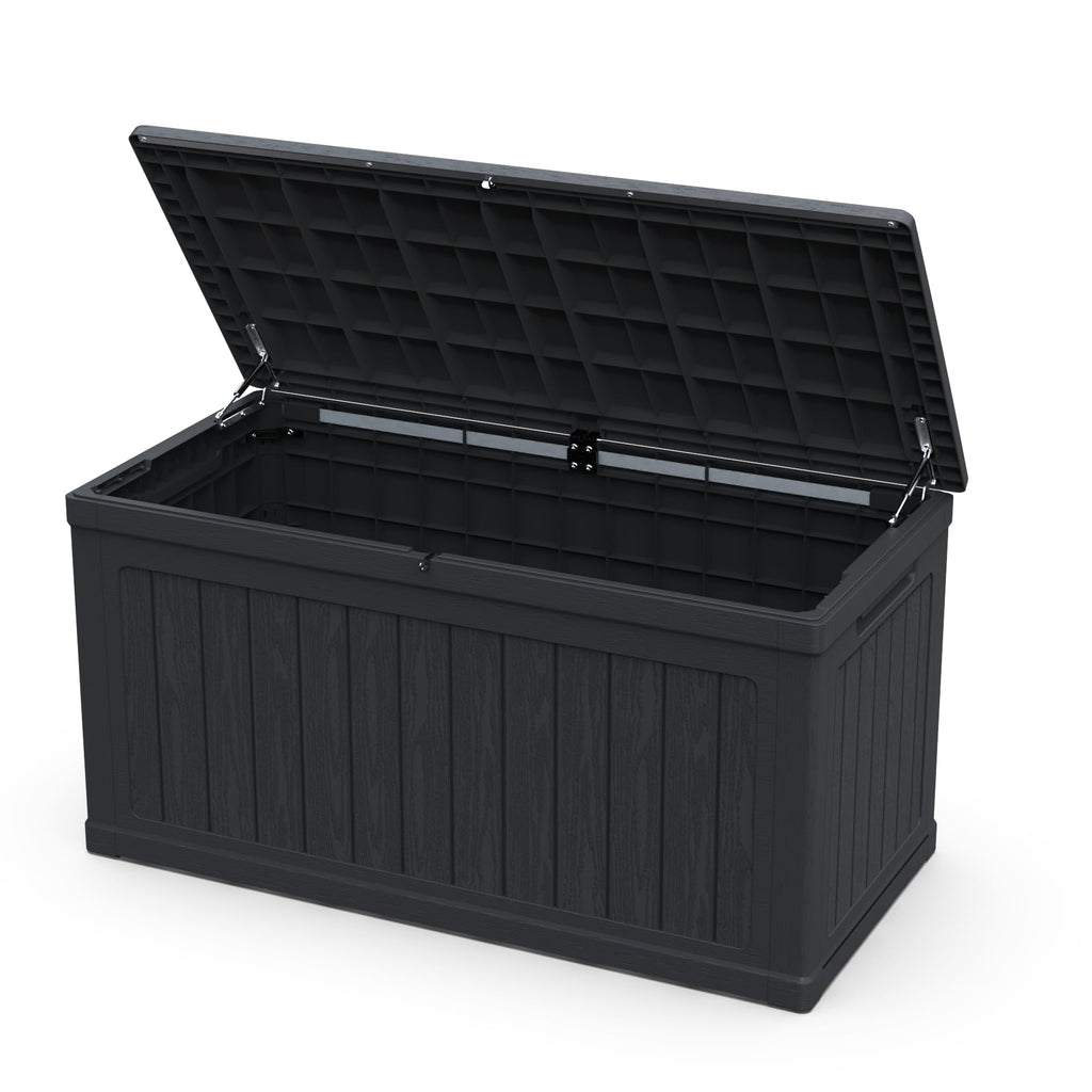 230 Gal Weatherproof Deck Box Large Outdoor Storage Organizer, Double Wall Resin Storage Chest for Patio Furniture, Cushions & Tools, Waterproof, Lockable, Bench Style Table (440lbs Capacity, Black)